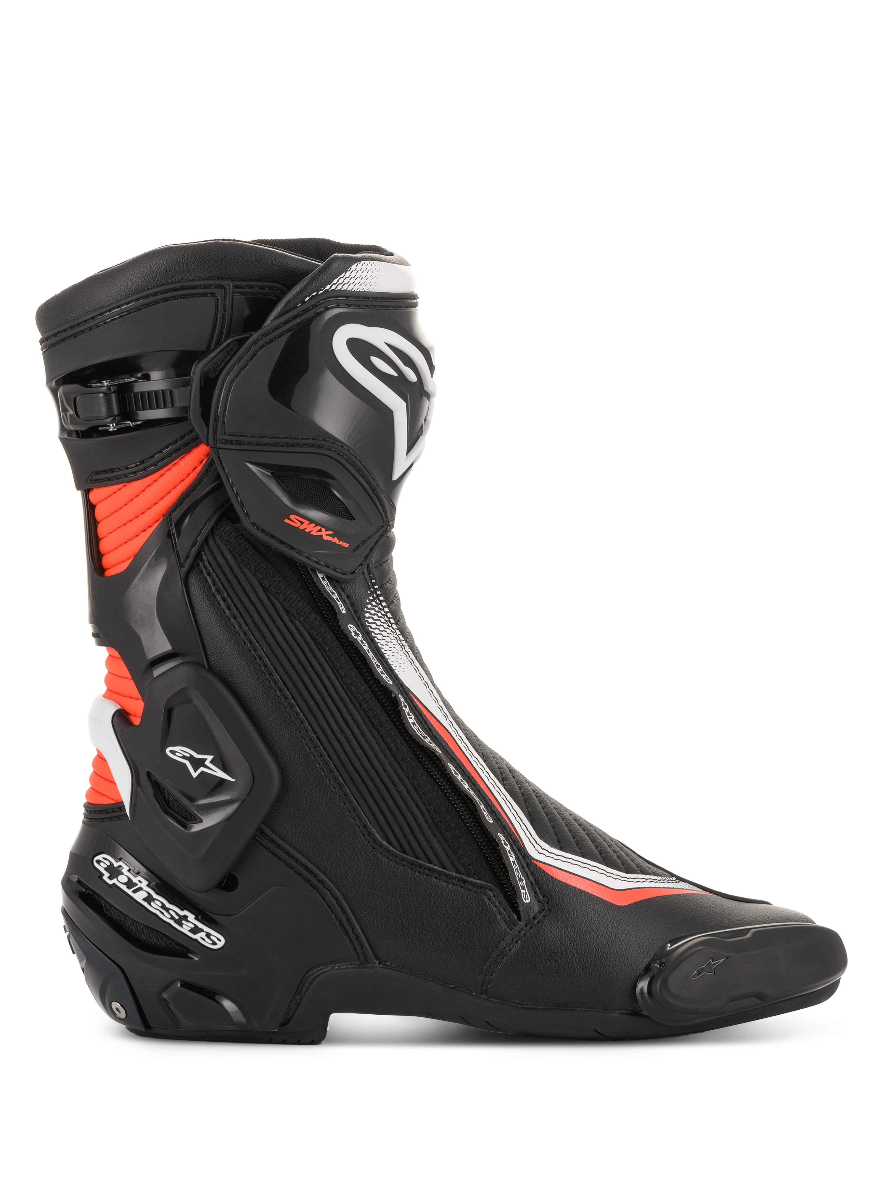 Alpinestars SMX Plus V2 herre motorcykelracingstøvler, sort, hvid og rød fluo, med Multi-Link Control ankelbeskyttelse.