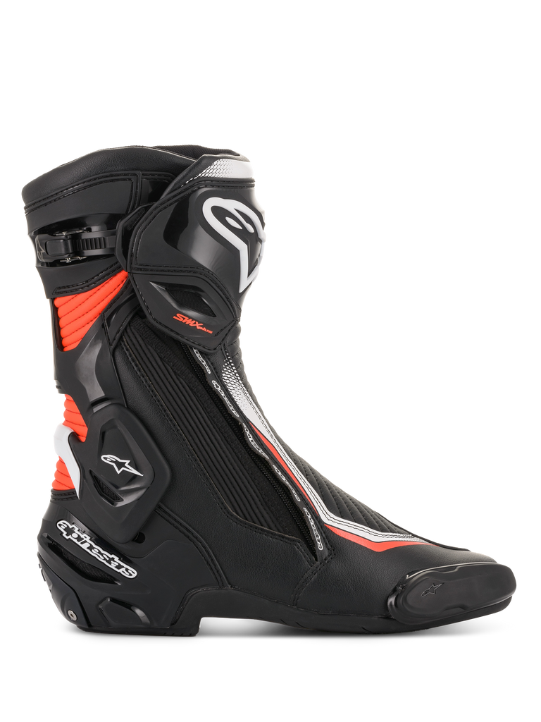 Alpinestars SMX Plus V2 herre motorcykelracingstøvler, sort, hvid og rød fluo, med Multi-Link Control ankelbeskyttelse.