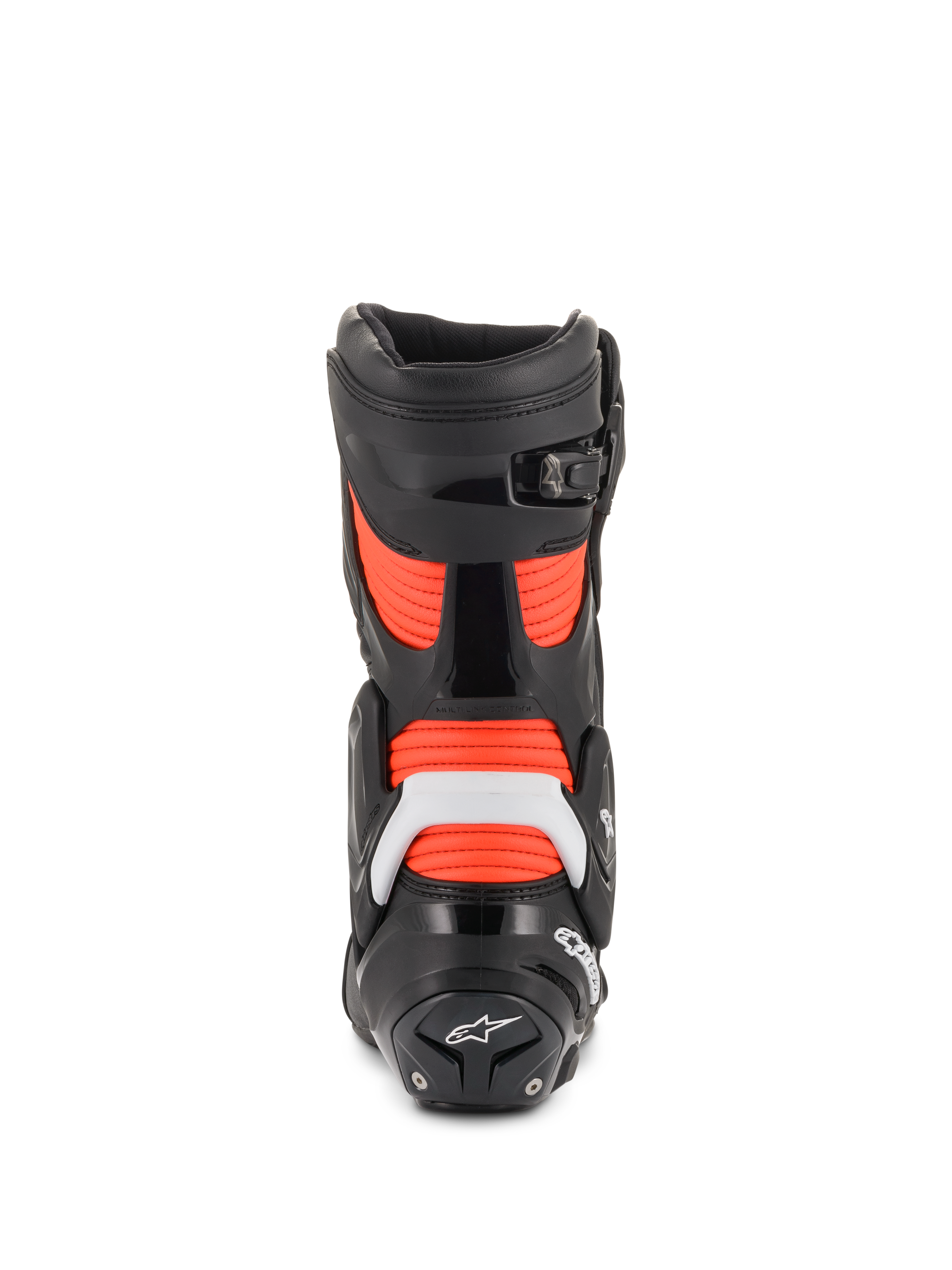 Alpinestars SMX Plus V2 herre-racingstøvler i sort og rød fluo, hvid TPU-beskyttelse og harmonika-flekszoner, set bagfra.