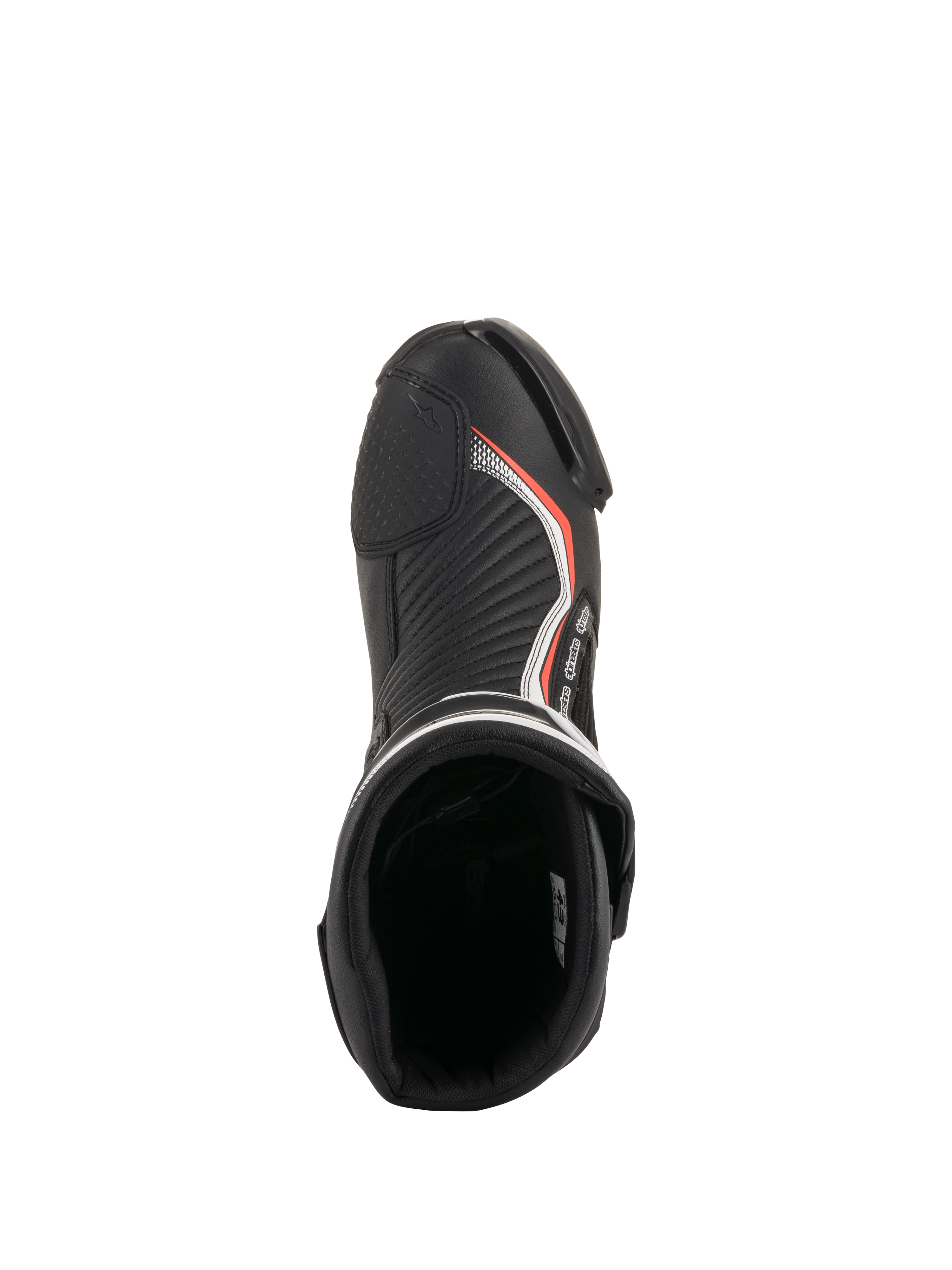 Alpinestars SMX Plus V2 støvler, motorcykelracingstøvler i sort og rød fluo, set oppefra med polstret indre og tåområde.