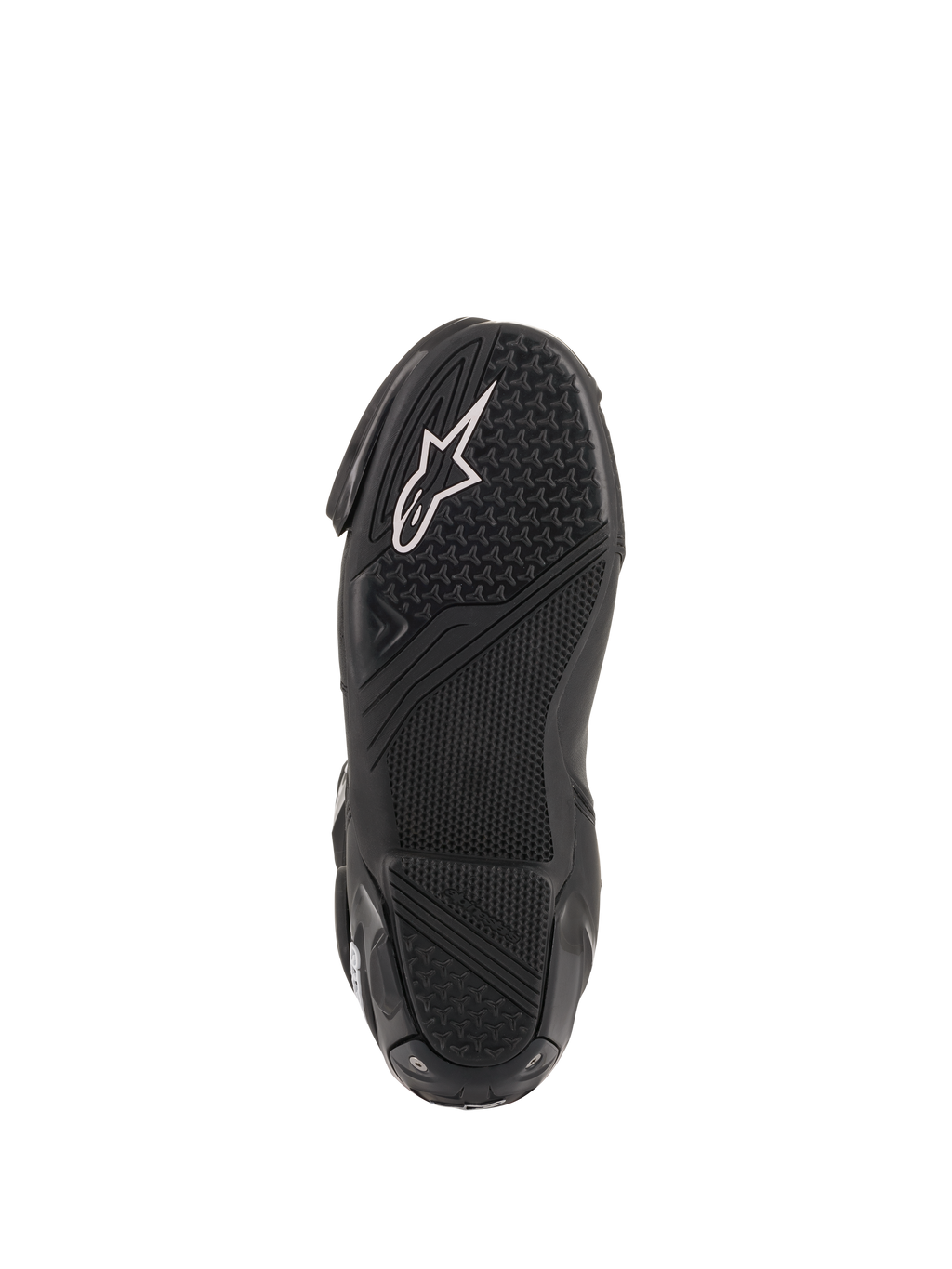 Alpinestars SMX Plus V2 støvler, motorcykelracingstøvler, sort tekstureret gummisål med hvidt logo og mønster med højt greb.