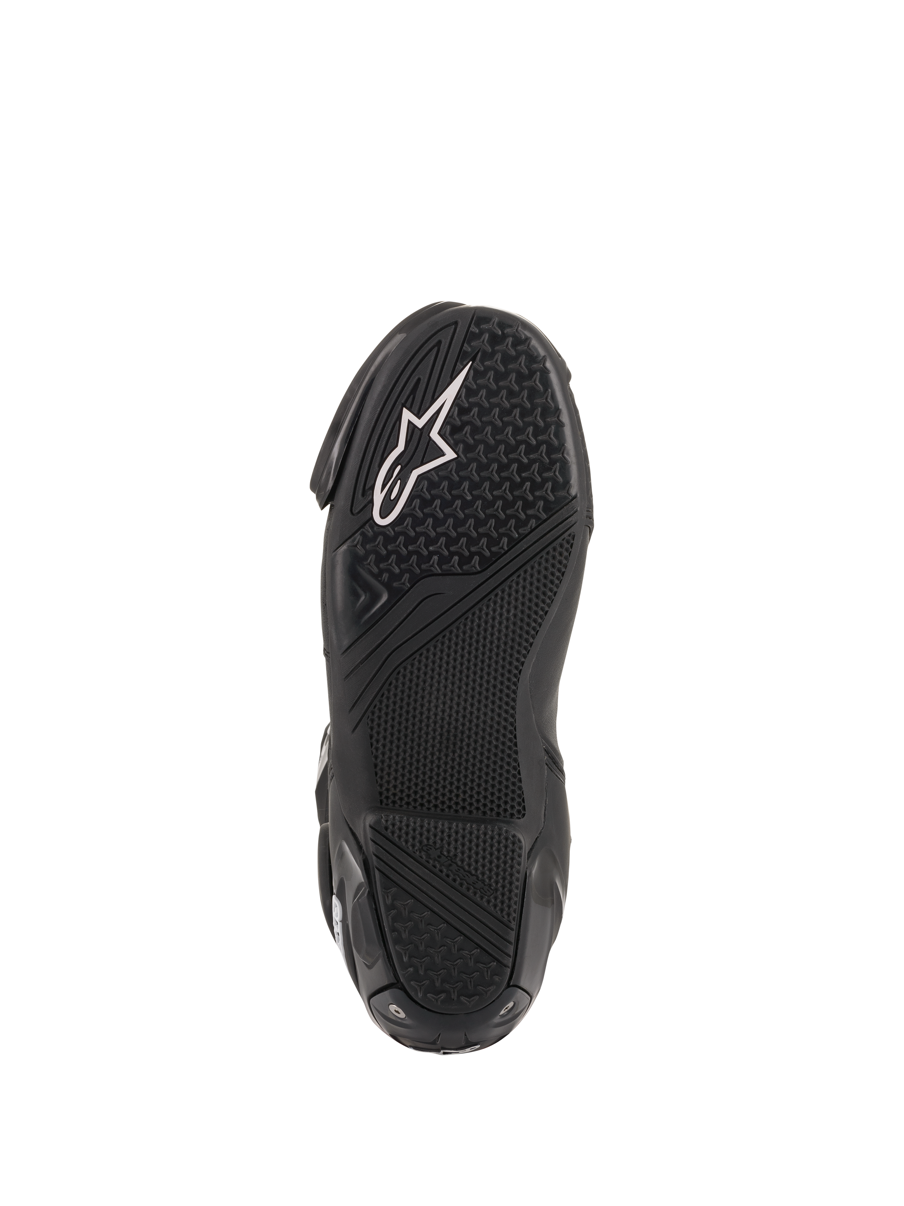 Alpinestars SMX Plus V2 støvler, motorcykelracingstøvler, sort tekstureret gummisål med hvidt logo og mønster med højt greb.