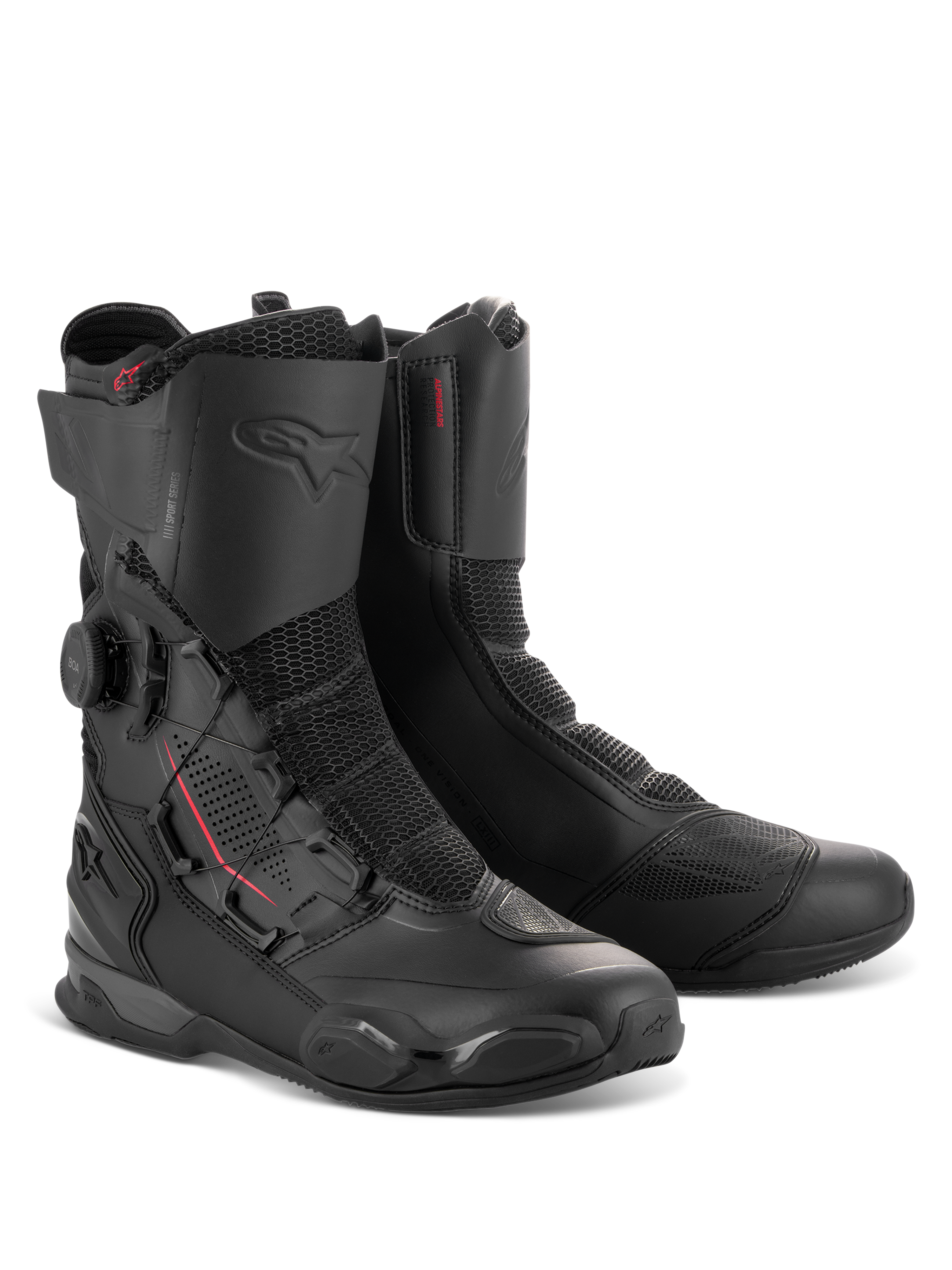Alpinestars SP-X BOA® støvler, mellemhøje sport-motorcykelstøvler i Black Black, med sidemonteret BOA Fit System-drejeknap, Rideknit-meshpaneler og TPU-beskyttelsesforstærkninger til vejbrug.