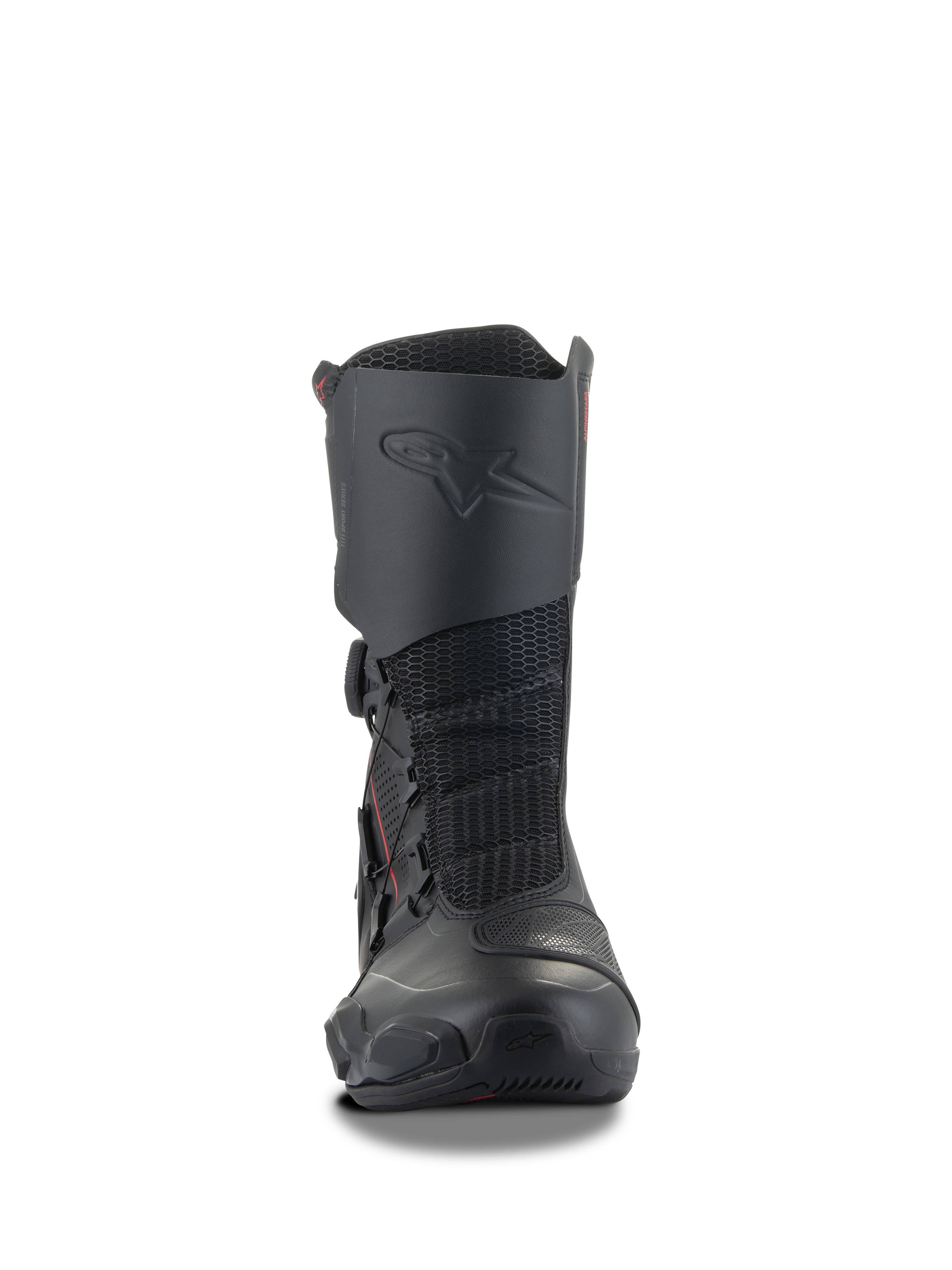 Alpinestars SP-X BOA® støvler, sorte motorcykel-sportsstøvler, mellemhøjt design med integreret skinnebensbeskytter, mesh-flexpaneler og side BOA®-lukkesystem, strømlinet ergonomisk profil til sport touring