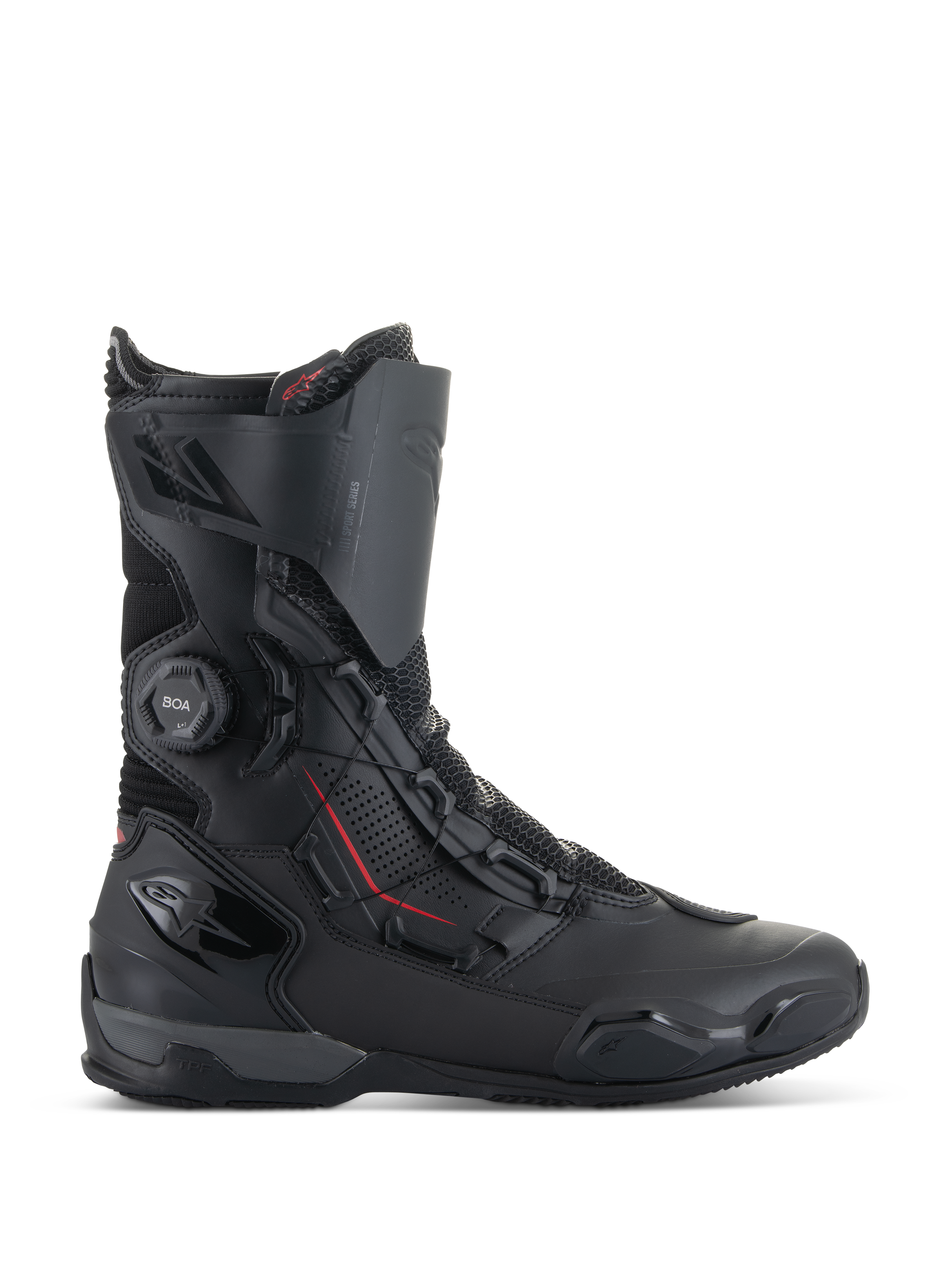 Alpinestars SP-X BOA® støvler, motorcykel-sportsstøvler, sort med røde accenter, BOA® Fit System-drejeknap, mellemhøj konstruktion med mikrofiber- og mesh-paneler, TPU-beskyttelse ved hæl og tå, strømlinet design til landevejskørsel