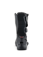 Alpinestars SP-X BOA støvler, mellemhøje motorcykel-sportstøvler, sort, set bagfra med fokus på det ribbede akkordeon-flexpanel, forstærket TPU-hælkappe og BOA Fit System-drejeknap på siden