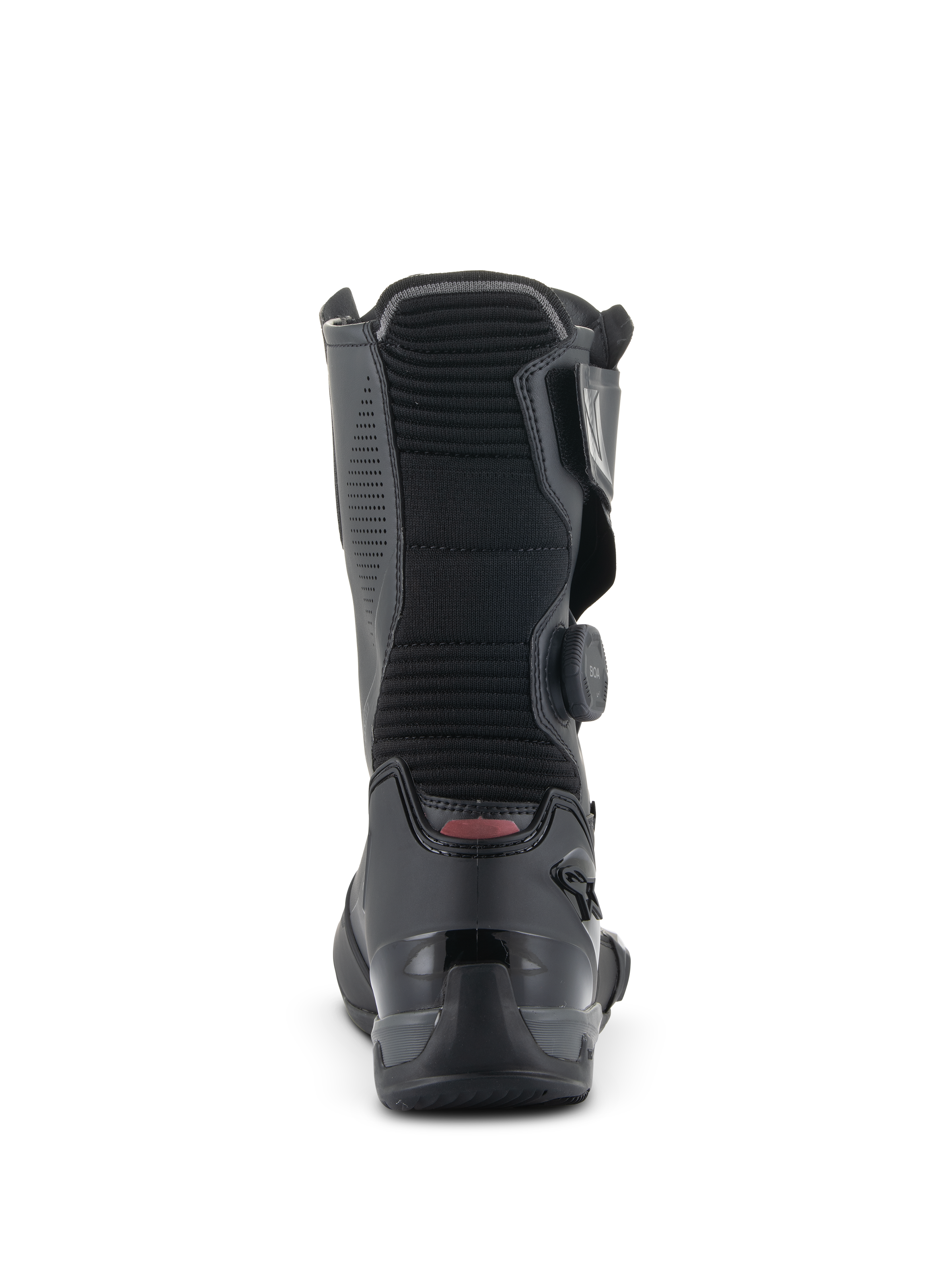 Alpinestars SP-X BOA støvler, mellemhøje motorcykel-sportstøvler, sort, set bagfra med fokus på det ribbede akkordeon-flexpanel, forstærket TPU-hælkappe og BOA Fit System-drejeknap på siden