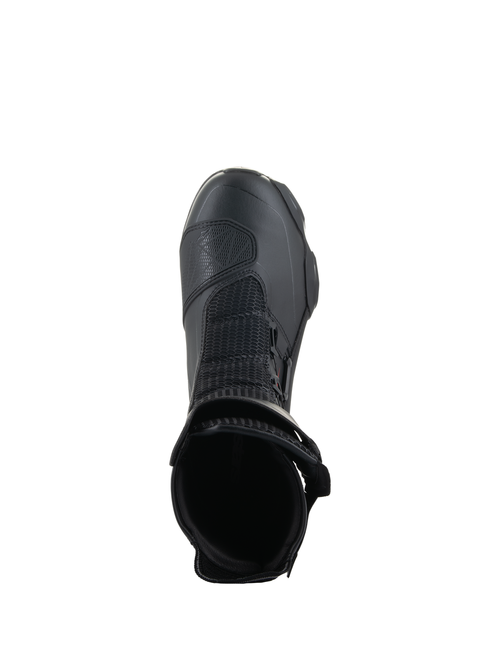 Alpinestars SP-X BOA® støvler, sort, set oppefra kiggende ind i ankelåbningen, med Rideknit® mesh og det sidemonterede BOA® Fit System, slank mellemhøj sport-motorcykelstøvle