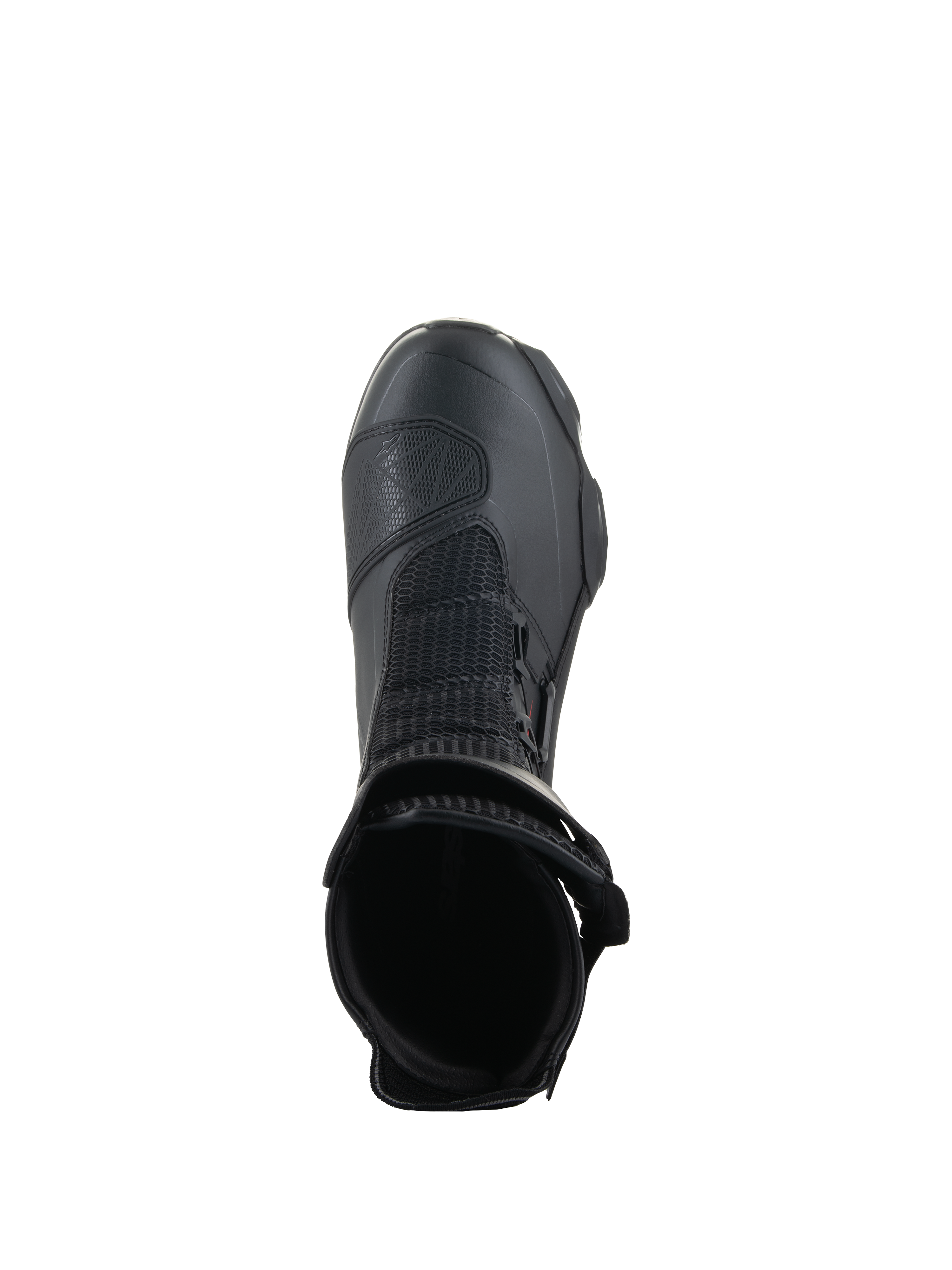 Alpinestars SP-X BOA® støvler, sort, set oppefra kiggende ind i ankelåbningen, med Rideknit® mesh og det sidemonterede BOA® Fit System, slank mellemhøj sport-motorcykelstøvle