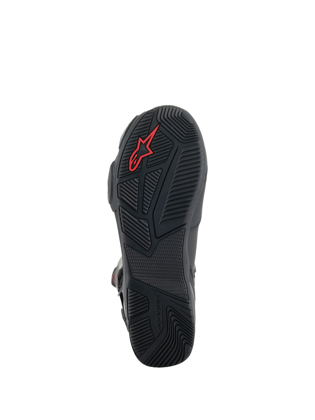 Alpinestars SP-X BOA® støvler, sorte motorcykelstøvler, detaljeret visning af gummisålen med teksturerede grebsmønstre, rødt Alpinestars-logo og asymmetrisk hældesign for gangstabilitet.