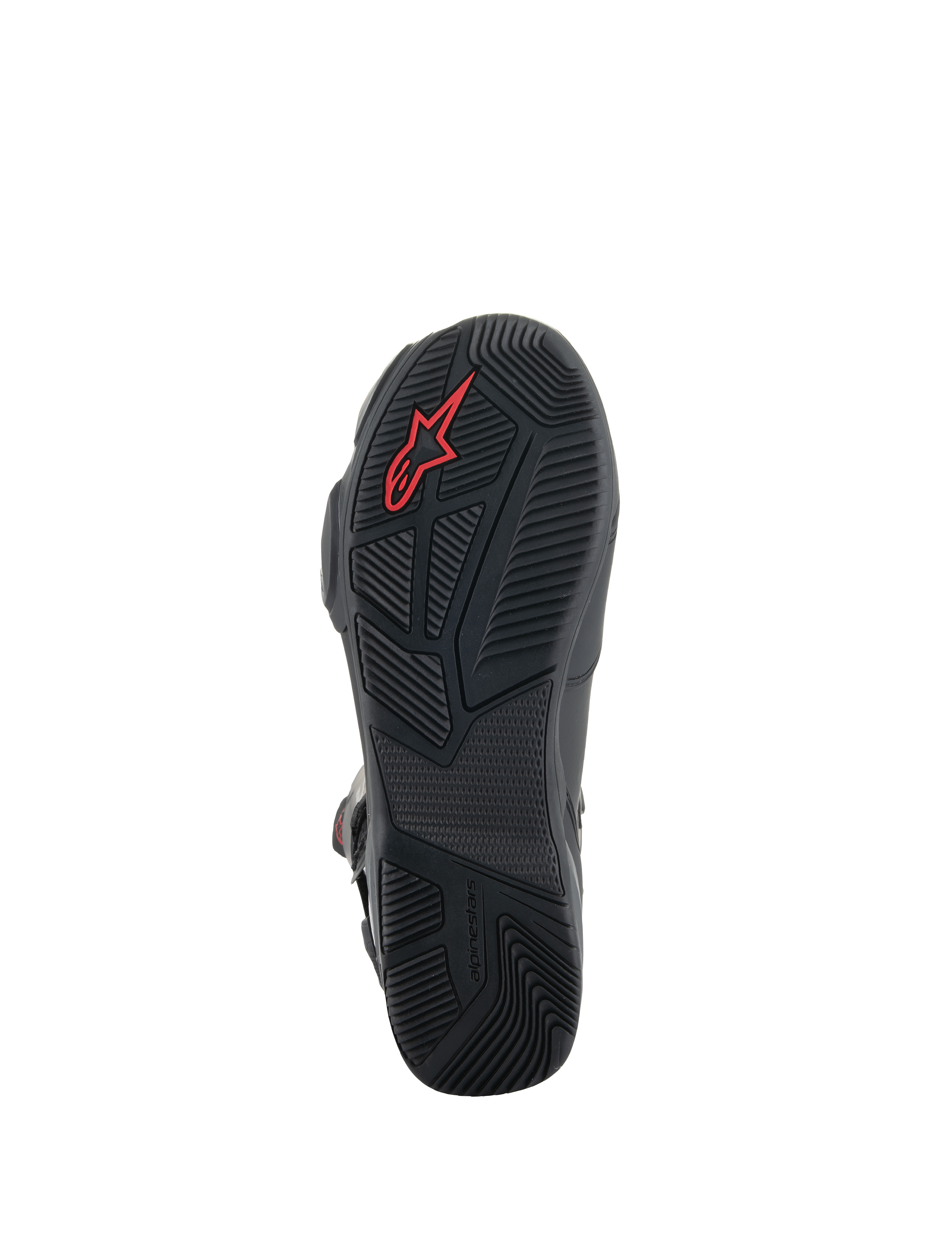 Alpinestars SP-X BOA® støvler, sorte motorcykelstøvler, detaljeret visning af gummisålen med teksturerede grebsmønstre, rødt Alpinestars-logo og asymmetrisk hældesign for gangstabilitet.