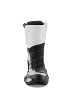 Alpinestars SP-X BOA-støvler, set forfra, Sort og Sølv, halvhøje sportsmotorcykelstøvler med en hvid mikrofiber-overdel med præget logo, sort mesh-midte og beskyttende TPU-komponenter
