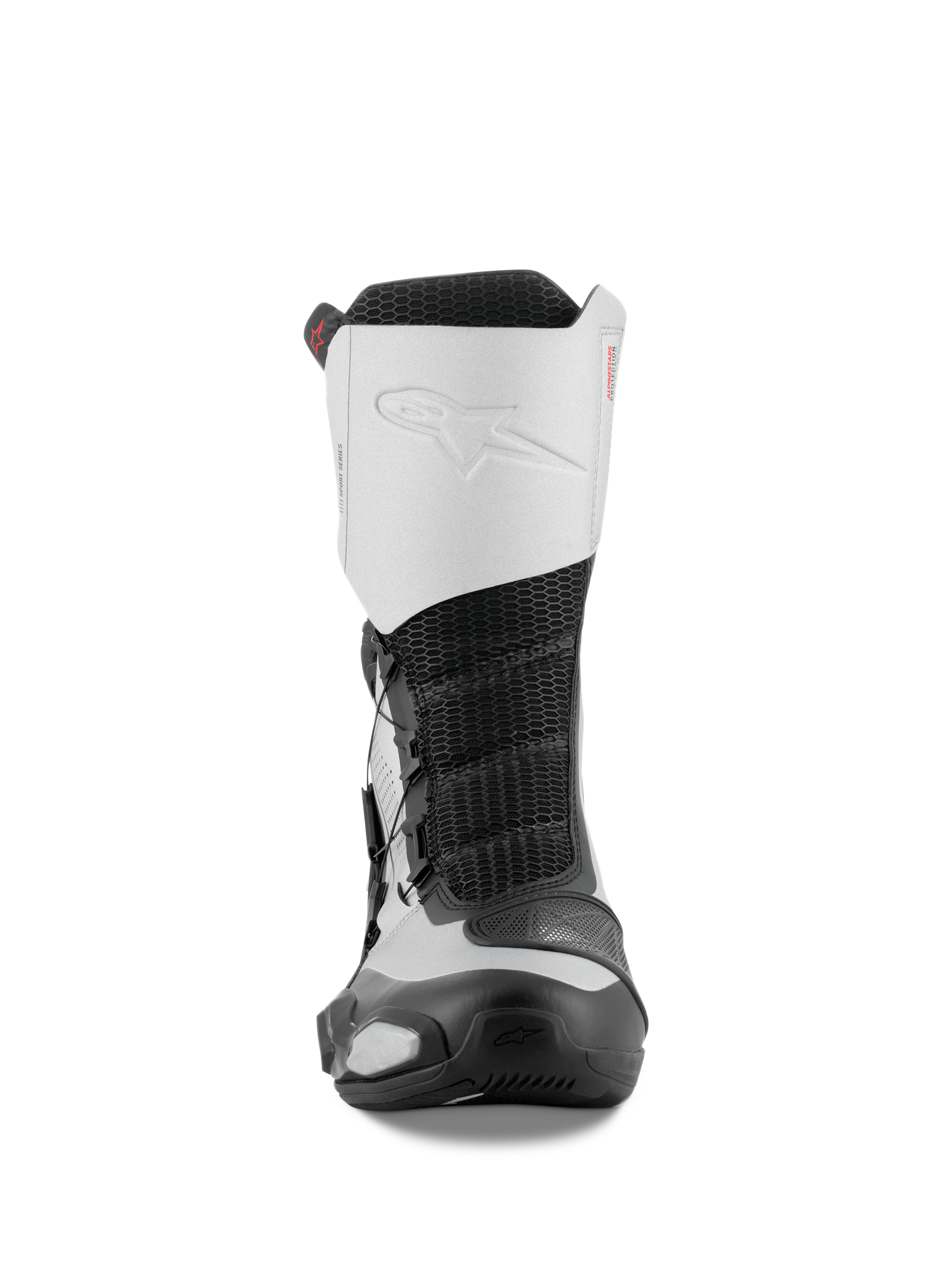 Alpinestars SP-X BOA-støvler, set forfra, Sort og Sølv, halvhøje sportsmotorcykelstøvler med en hvid mikrofiber-overdel med præget logo, sort mesh-midte og beskyttende TPU-komponenter