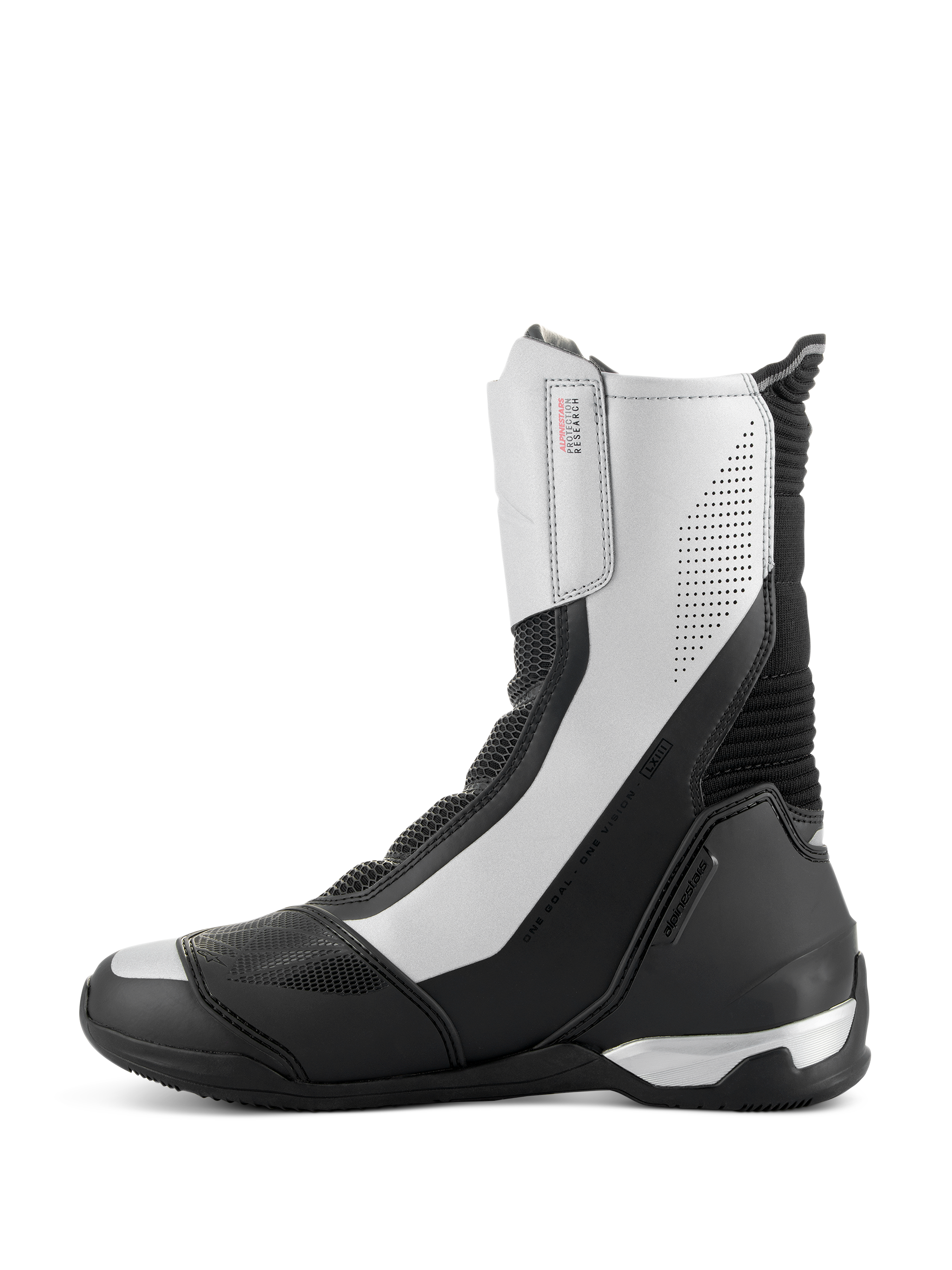 Alpinestars SP-X BOA-støvler, mellemhøje sportsmotorcykelstøvler, sort og sølv, strømlinet sideprofil med sølvpaneler og perforerede detaljer, sort TPU-hælkappe og Alpinestars-branding.