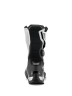 Alpinestars SP-X BOA®-støvler, sort og sølv, set bagfra af mellemhøj sport touring-motorcykelstøvle, med sort TPU-hælkappe, sølvfarvede sidepaneler og BOA® Fit System-drejeknap på siden, strømlinet og beskyttende design