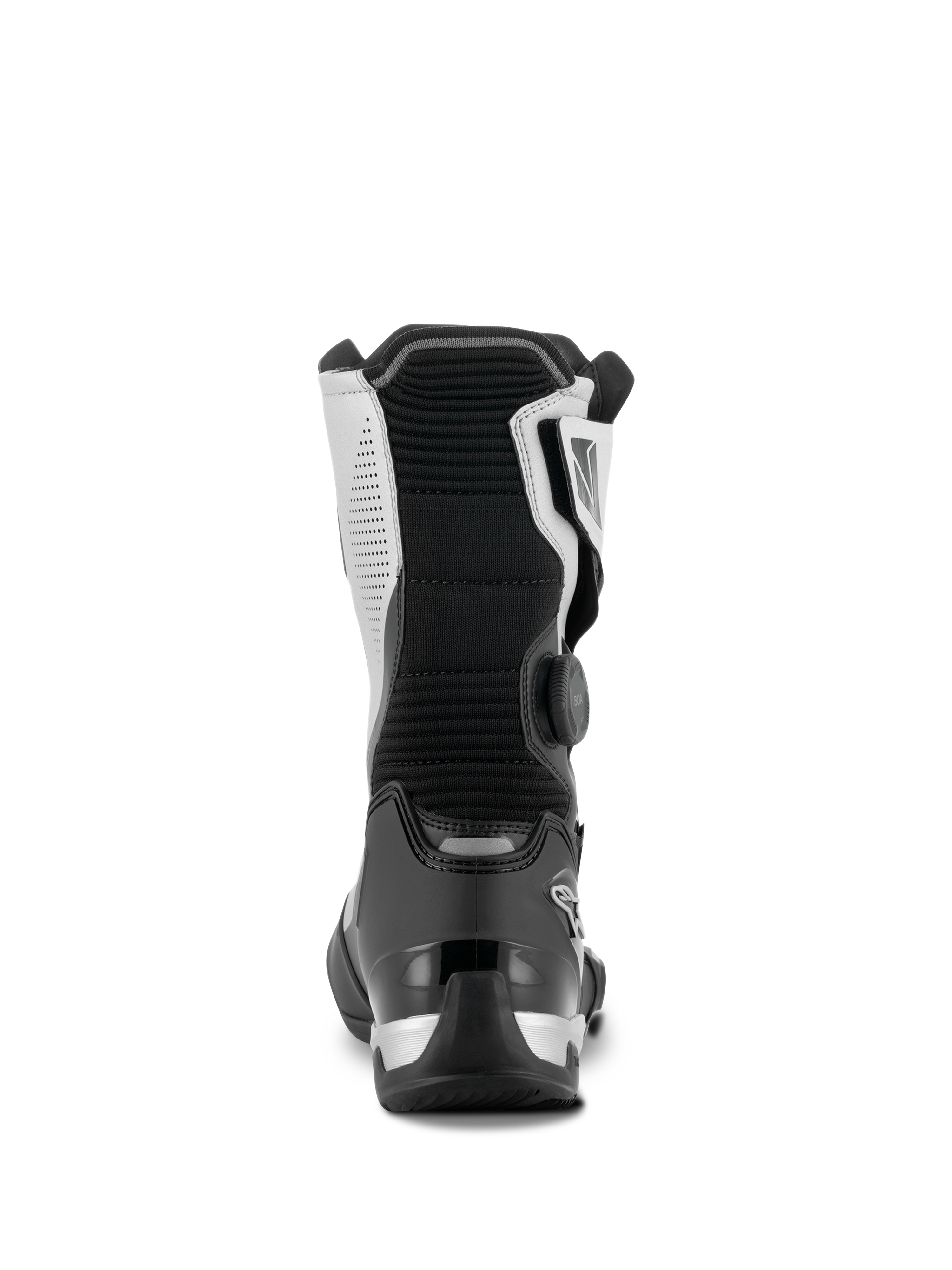 Alpinestars SP-X BOA®-støvler, sort og sølv, set bagfra af mellemhøj sport touring-motorcykelstøvle, med sort TPU-hælkappe, sølvfarvede sidepaneler og BOA® Fit System-drejeknap på siden, strømlinet og beskyttende design