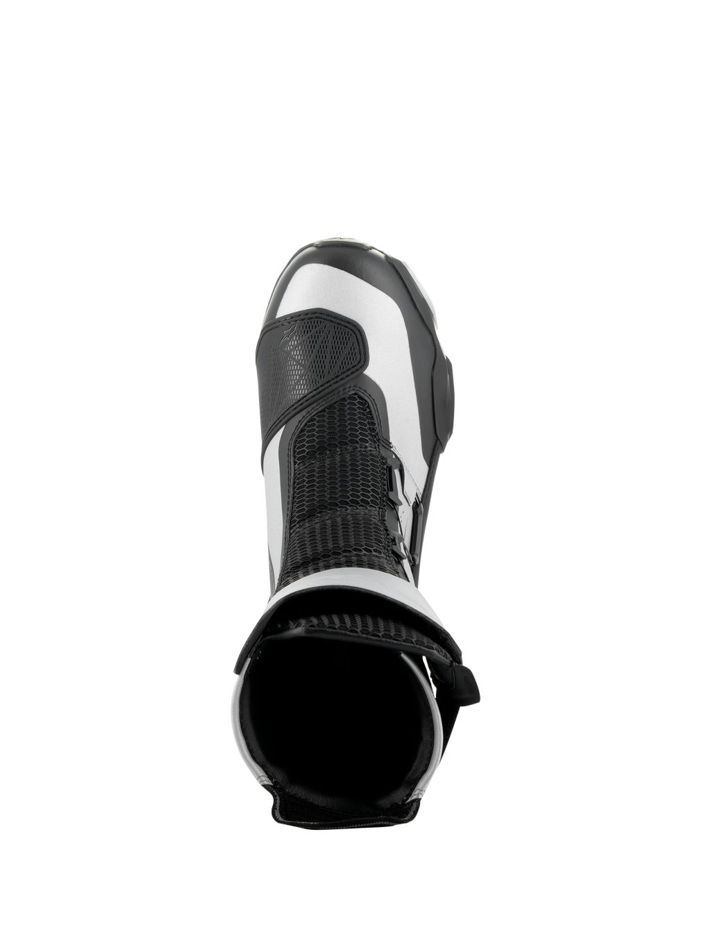 Alpinestars SP-X BOA-støvler, sort og sølv, set oppefra, der viser den øverste åbning og mesh-pløs, slanke mellemhøje sportsmotorcykelstøvler med avanceret mikrofiber- og Rideknit-konstruktion
