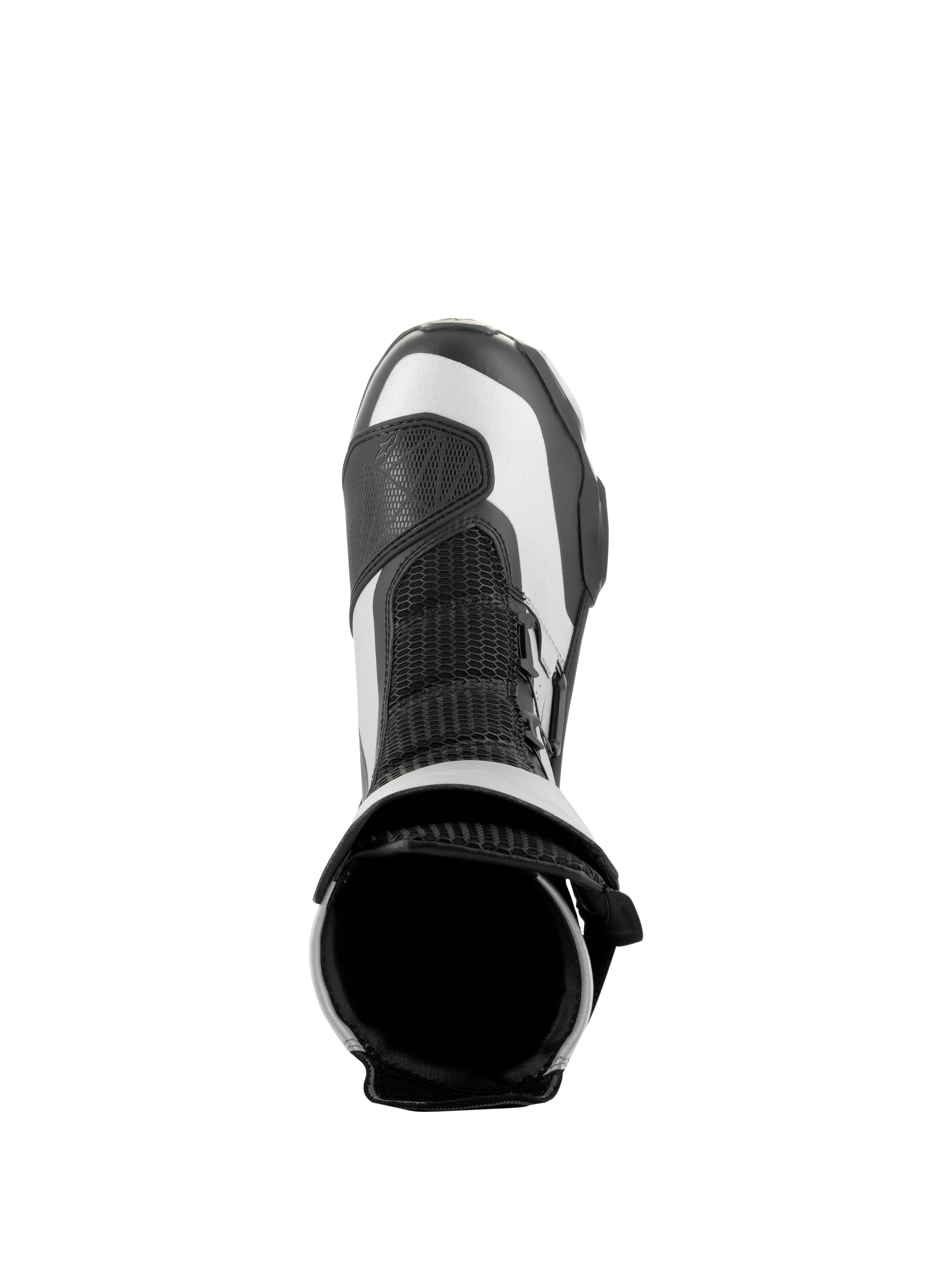 Alpinestars SP-X BOA-støvler, sort og sølv, set oppefra, der viser den øverste åbning og mesh-pløs, slanke mellemhøje sportsmotorcykelstøvler med avanceret mikrofiber- og Rideknit-konstruktion