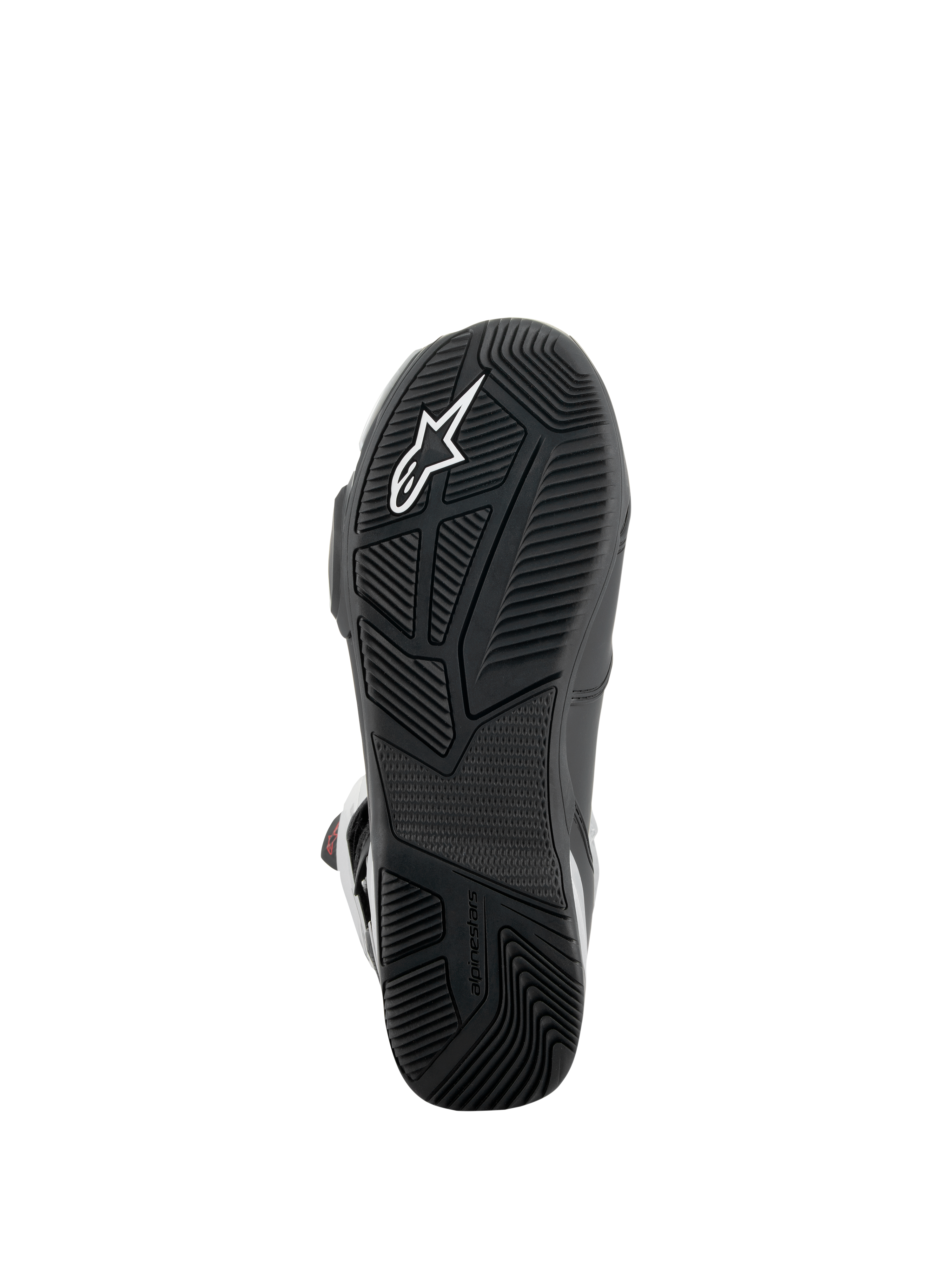 Alpinestars SP-X BOA® støvler, set fra undersiden, sort, tekstureret gummisål med hvidt stjernelogo, asymmetrisk hældesign for stabilitet, specialiserede mønstre for greb på fodhvilerne