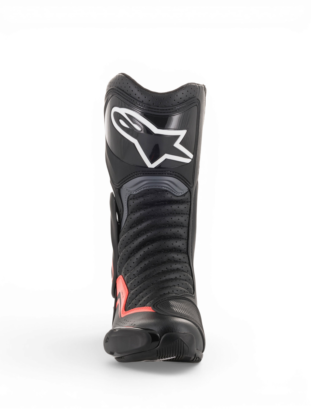 Alpinestars SMX-6 V2 Vented motorcykelracingstøvle, sort og grå med fluorescerende røde detaljer, set forfra med perforeret overdel, skinnebensbeskytter og toe slider