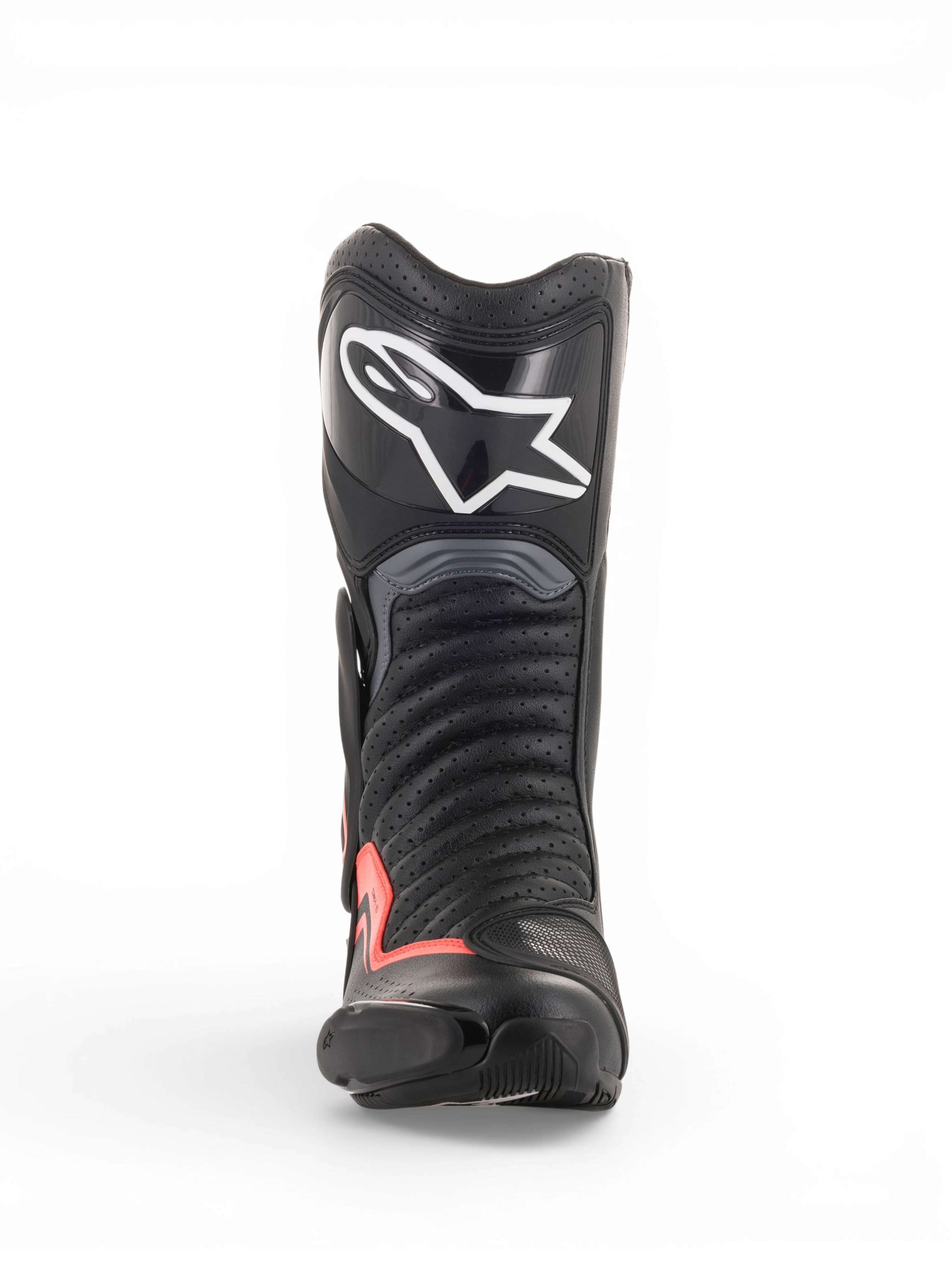 Alpinestars SMX-6 V2 Vented motorcykelracingstøvle, sort og grå med fluorescerende røde detaljer, set forfra med perforeret overdel, skinnebensbeskytter og toe slider