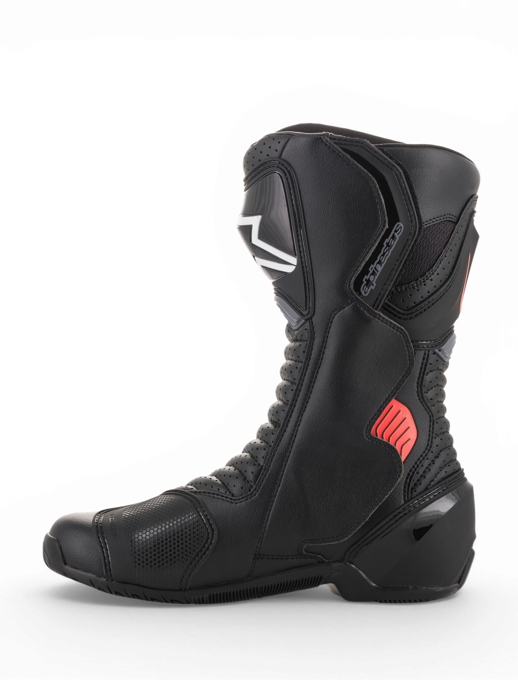 Alpinestars SMX-6 V2 Vented støvler, sorte motorcykelracingstøvler med grå og fluorescerende røde detaljer, åndbare meshpaneler samt ankel- og skinnebensbeskyttelse