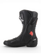 Alpinestars SMX-6 V2 Vented støvler, sorte motorcykelracingstøvler med grå og fluorescerende røde detaljer, åndbare meshpaneler samt ankel- og skinnebensbeskyttelse