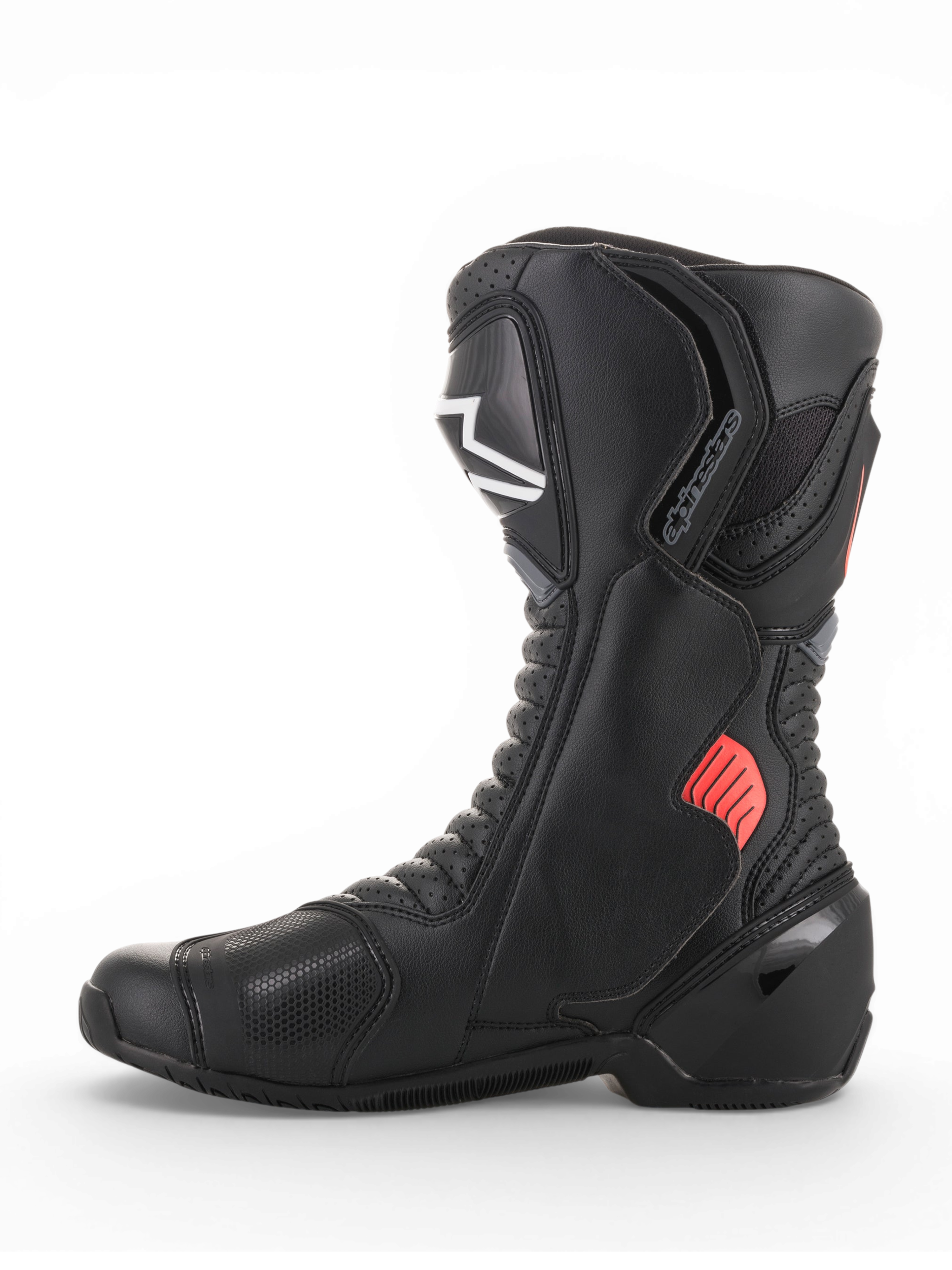 Alpinestars SMX-6 V2 Vented støvler, sorte motorcykelracingstøvler med grå og fluorescerende røde detaljer, åndbare meshpaneler samt ankel- og skinnebensbeskyttelse