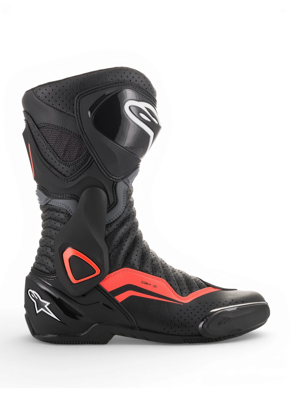 Alpinestars SMX-6 V2 Vented motorcykelstøvler, sorte og grå med fluorescerende røde detaljer, perforeret ventilation samt beskyttende ankel- og skinnebenspaneler til racing