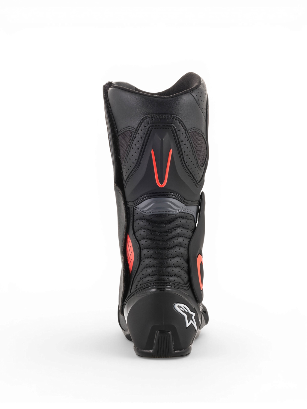 Alpinestars SMX-6 V2 Vented motorcykelracingstøvler til herrer i sort og grå med fluorescerende røde detaljer, set bagfra med perforerede ventilationspaneler og beskyttende hæl