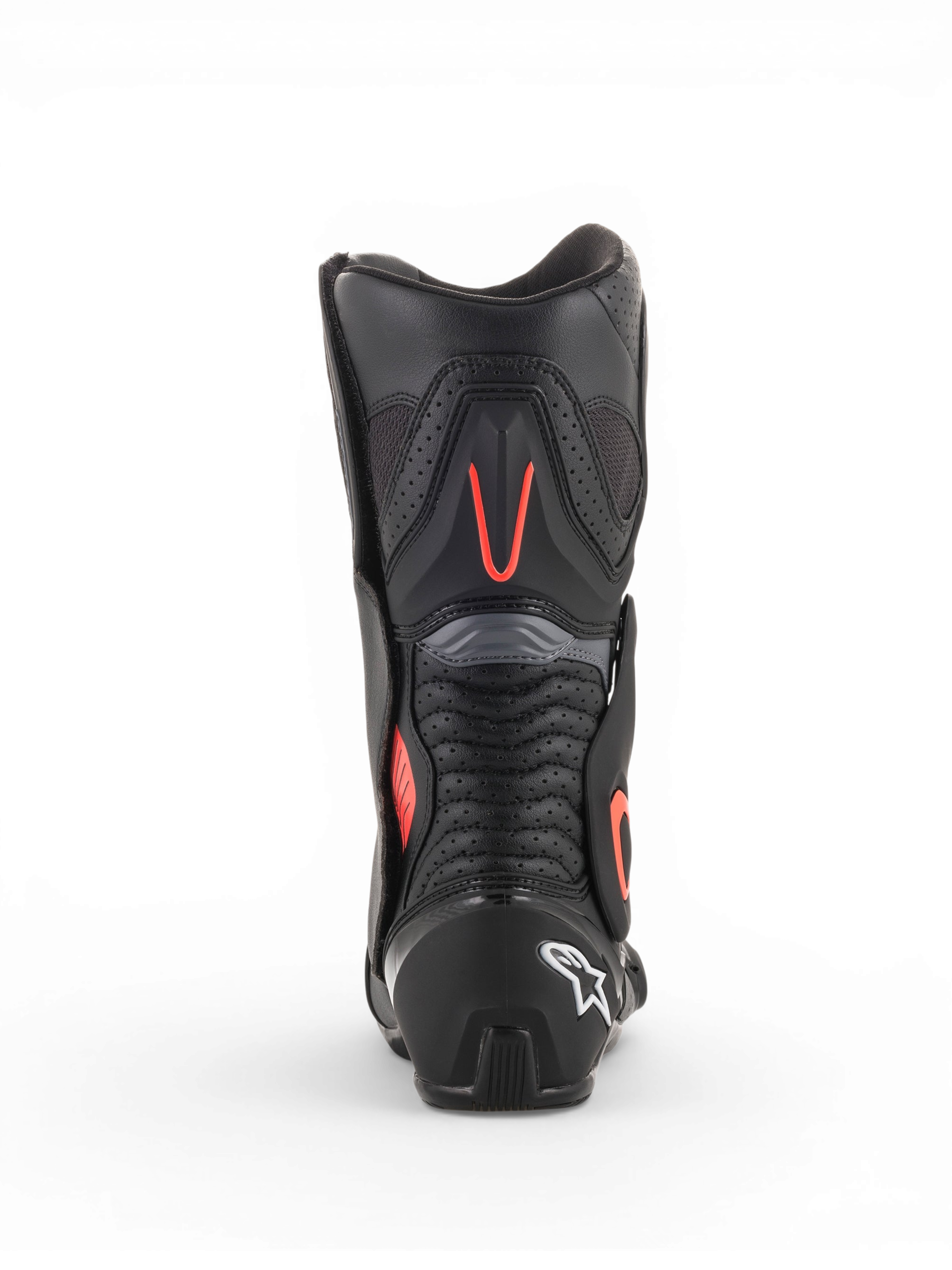 Alpinestars SMX-6 V2 Vented motorcykelracingstøvler til herrer i sort og grå med fluorescerende røde detaljer, set bagfra med perforerede ventilationspaneler og beskyttende hæl
