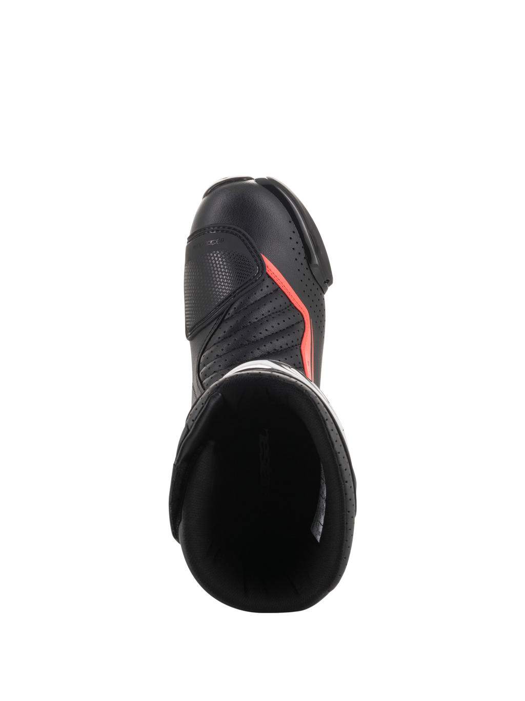 Alpinestars SMX-6 V2 Vented motorcykelracingstøvler, sorte med fluorescerende røde detaljer, set ovenfra med perforeret overdel, ankelbeskyttelse og støvleåbning