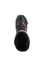 Alpinestars SMX-6 V2 Vented motorcykelracingstøvler, sorte med fluorescerende røde detaljer, set ovenfra med perforeret overdel, ankelbeskyttelse og støvleåbning