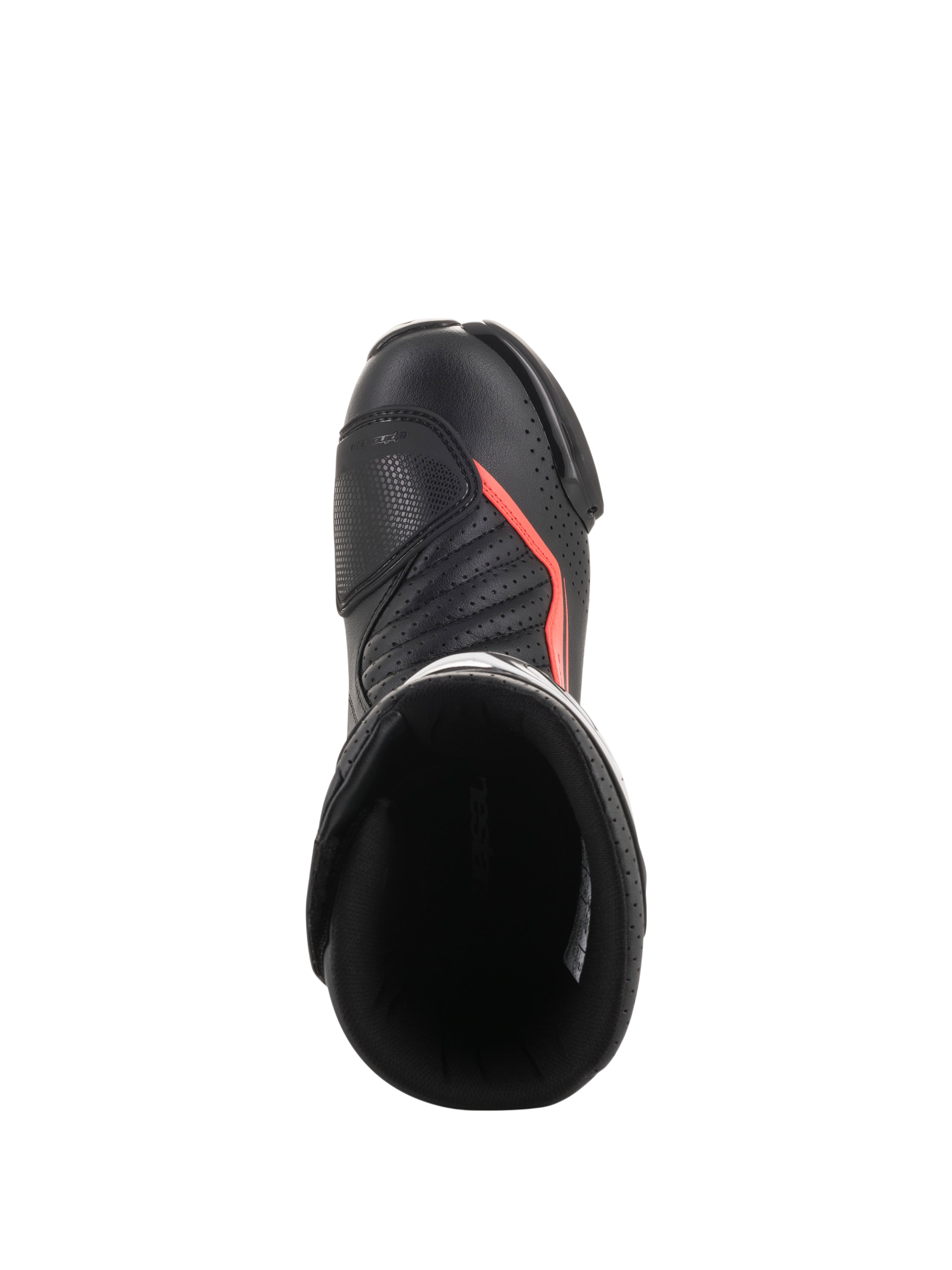 Alpinestars SMX-6 V2 Vented motorcykelracingstøvler, sorte med fluorescerende røde detaljer, set ovenfra med perforeret overdel, ankelbeskyttelse og støvleåbning