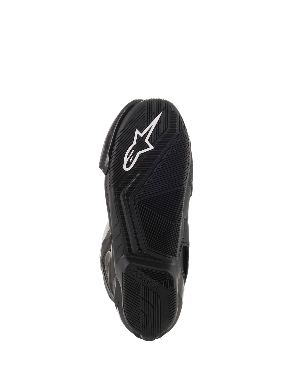 Alpinestars SMX-6 V2 Vented støvler, sorte motorcykelracingstøvler, nærbillede af tekstureret gummiydersål med hvidt Alpinestars-logo