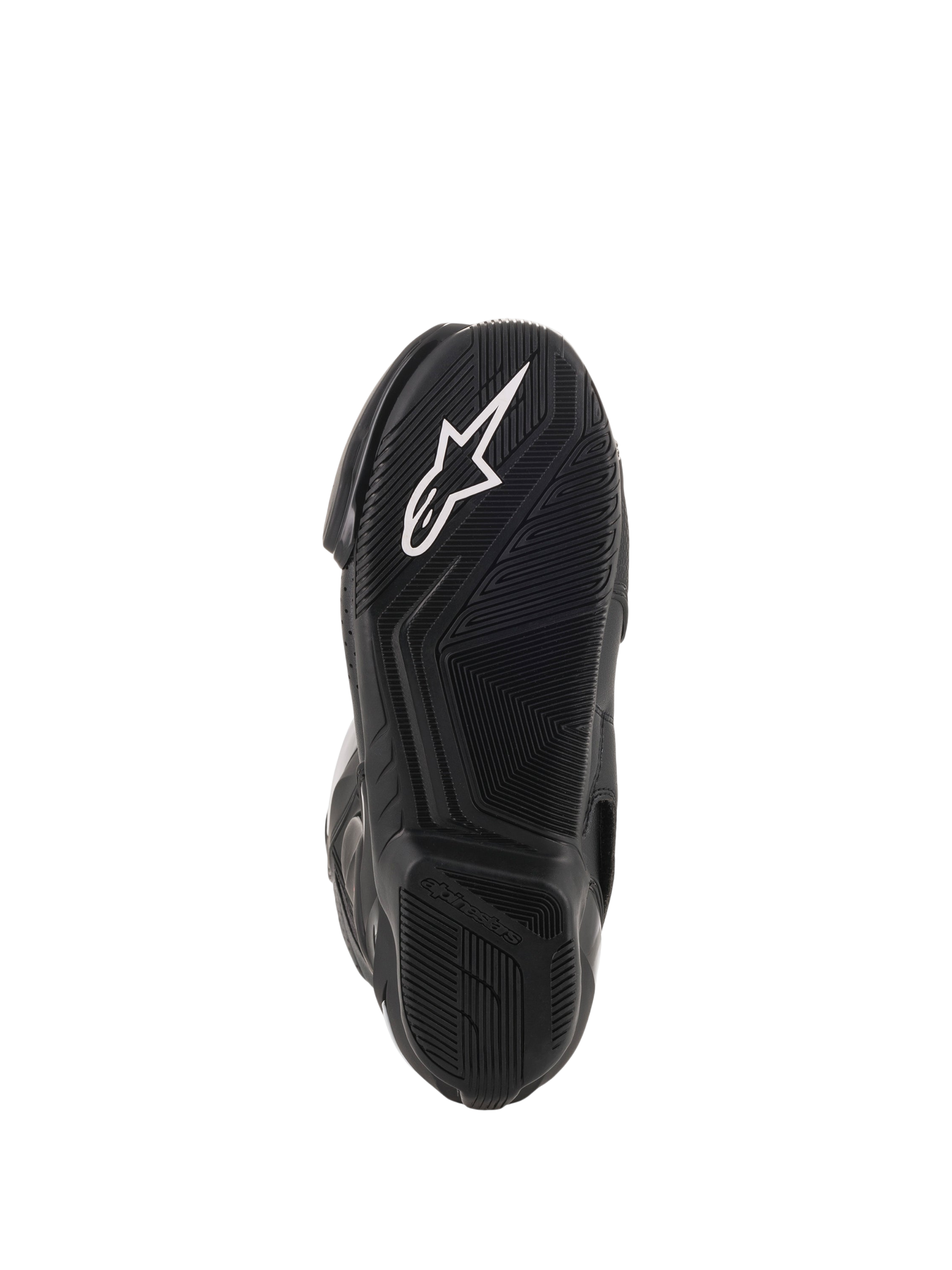 Alpinestars SMX-6 V2 Vented støvler, sorte motorcykelracingstøvler, nærbillede af tekstureret gummiydersål med hvidt Alpinestars-logo