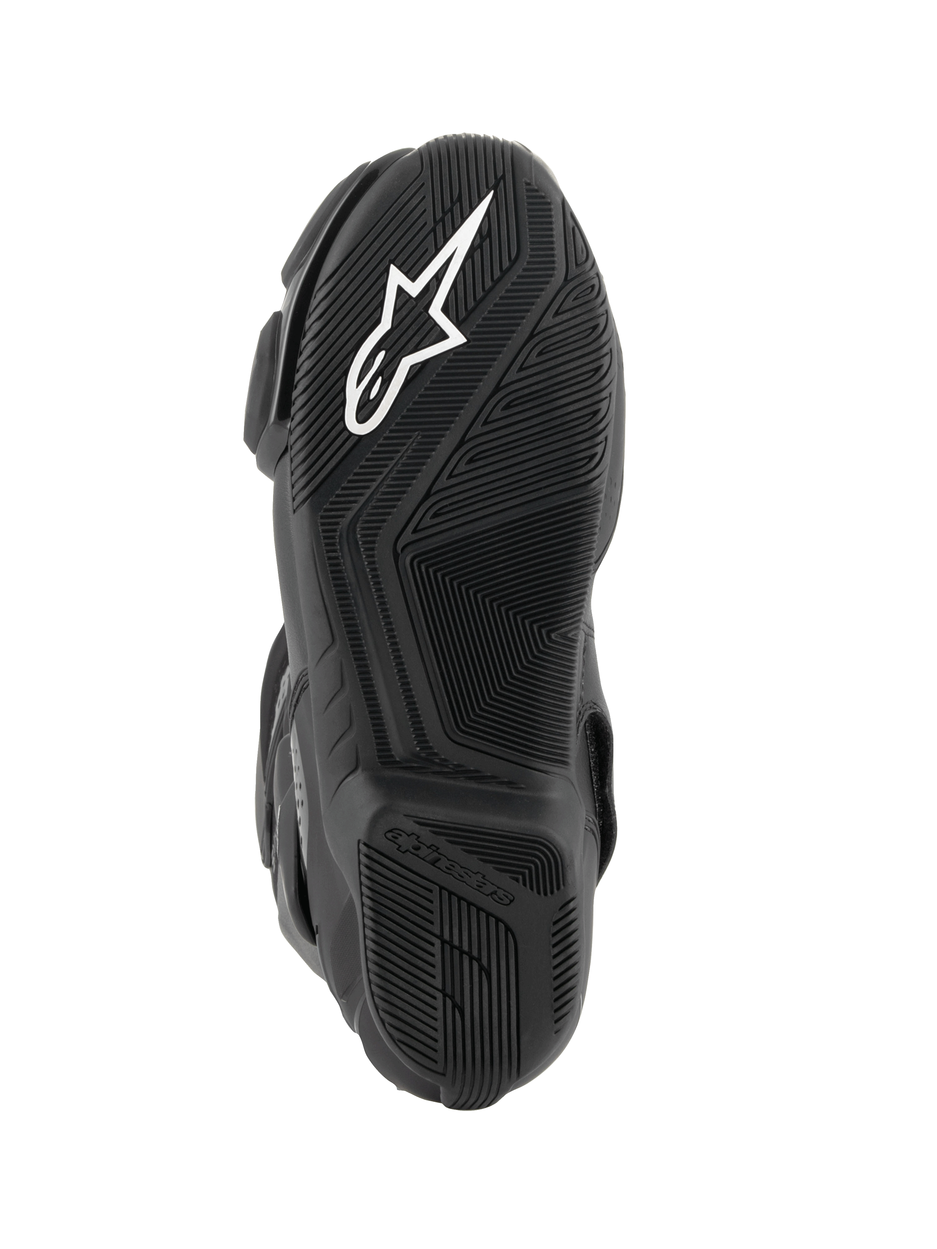 Alpinestars SMX-6 V3 Boots, bottom sole view, black rubber compound with textured grip pattern, featuring white Alpinestars logo on the forefoot and embossed branding on the heel, performance motorcycle footwear