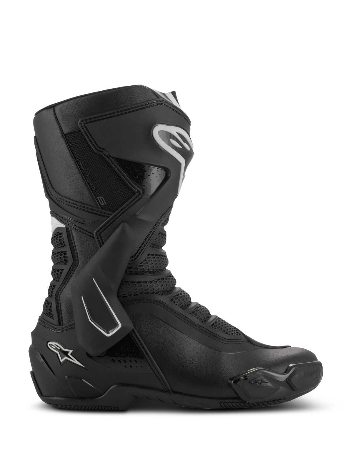 Alpinestars SMX-6 V3-støvler, højtydende motorcykelstøvler, sort med hvide detaljer, sideprofil med TPU-ankelbeskyttelsessystem, teksturerede mesh-flekszoner og forstærkede hæl- og tåkomponenter til bane- og gadebrug.
