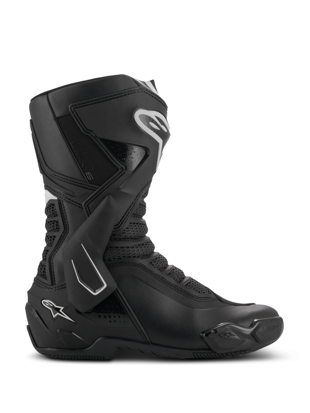 Alpinestars SMX-6 V3-støvler, højtydende motorcykelstøvler, sort med hvide detaljer, sideprofil med TPU-ankelbeskyttelsessystem, teksturerede mesh-flekszoner og forstærkede hæl- og tåkomponenter til bane- og gadebrug.