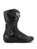 Alpinestars SMX-6 V3-støvler, højtydende motorcykelstøvler, sort med hvide detaljer, sideprofil med TPU-ankelbeskyttelsessystem, teksturerede mesh-flekszoner og forstærkede hæl- og tåkomponenter til bane- og gadebrug.