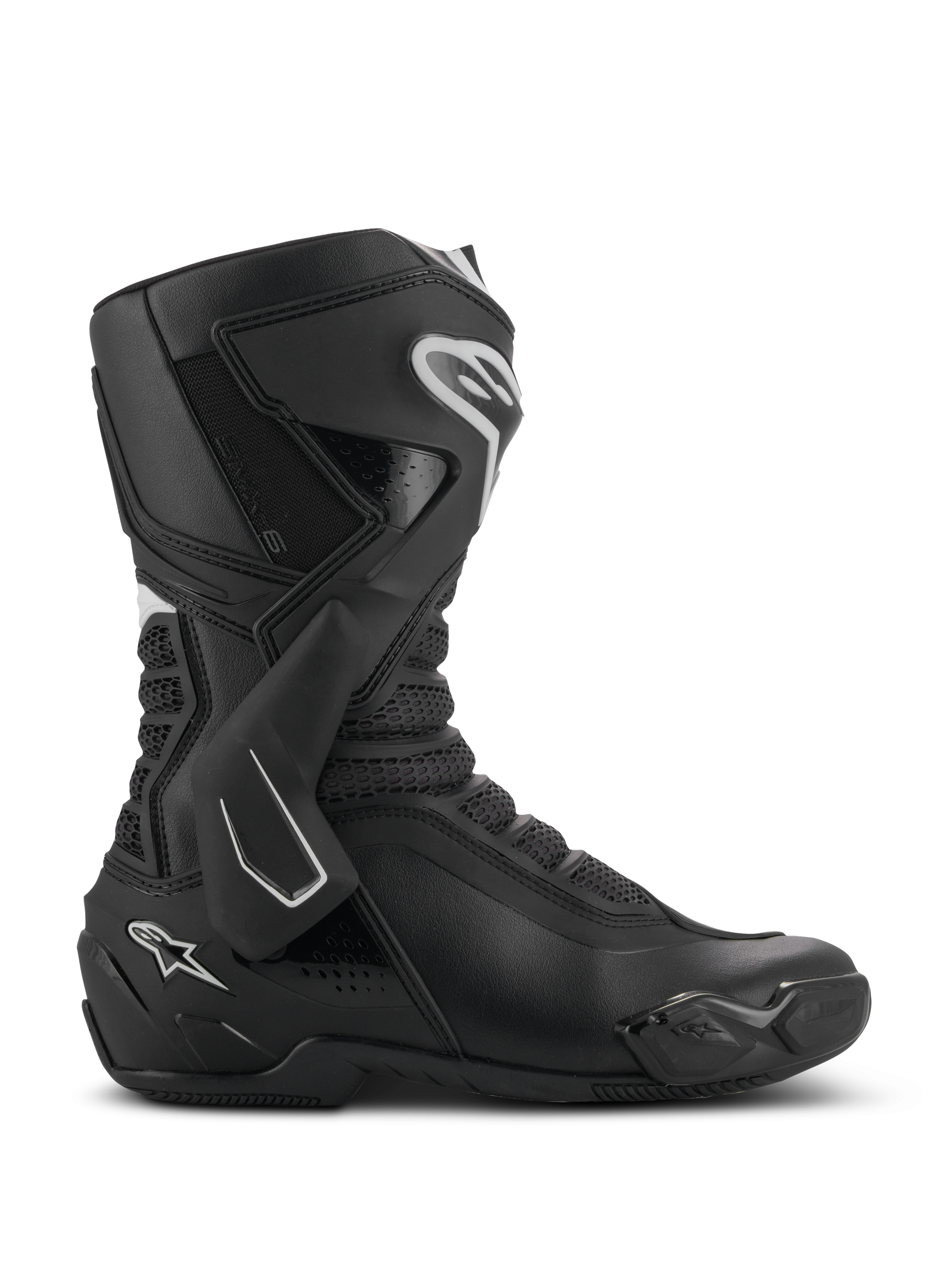 Alpinestars SMX-6 V3-støvler, højtydende motorcykelstøvler, sort med hvide detaljer, sideprofil med TPU-ankelbeskyttelsessystem, teksturerede mesh-flekszoner og forstærkede hæl- og tåkomponenter til bane- og gadebrug.