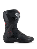 Alpinestars SMX-6 V3 Boots, Motorcycle Racing Boots, Black with White and Red accents, lateral side view featuring TPU ankle brace, white shin logo, and textured mesh flex zones, sporty aerodynamic design
