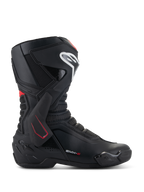 Alpinestars SMX-6 V3 Boots, Motorcycle Racing Boots, Black with White and Red accents, lateral side view featuring TPU ankle brace, white shin logo, and textured mesh flex zones, sporty aerodynamic design