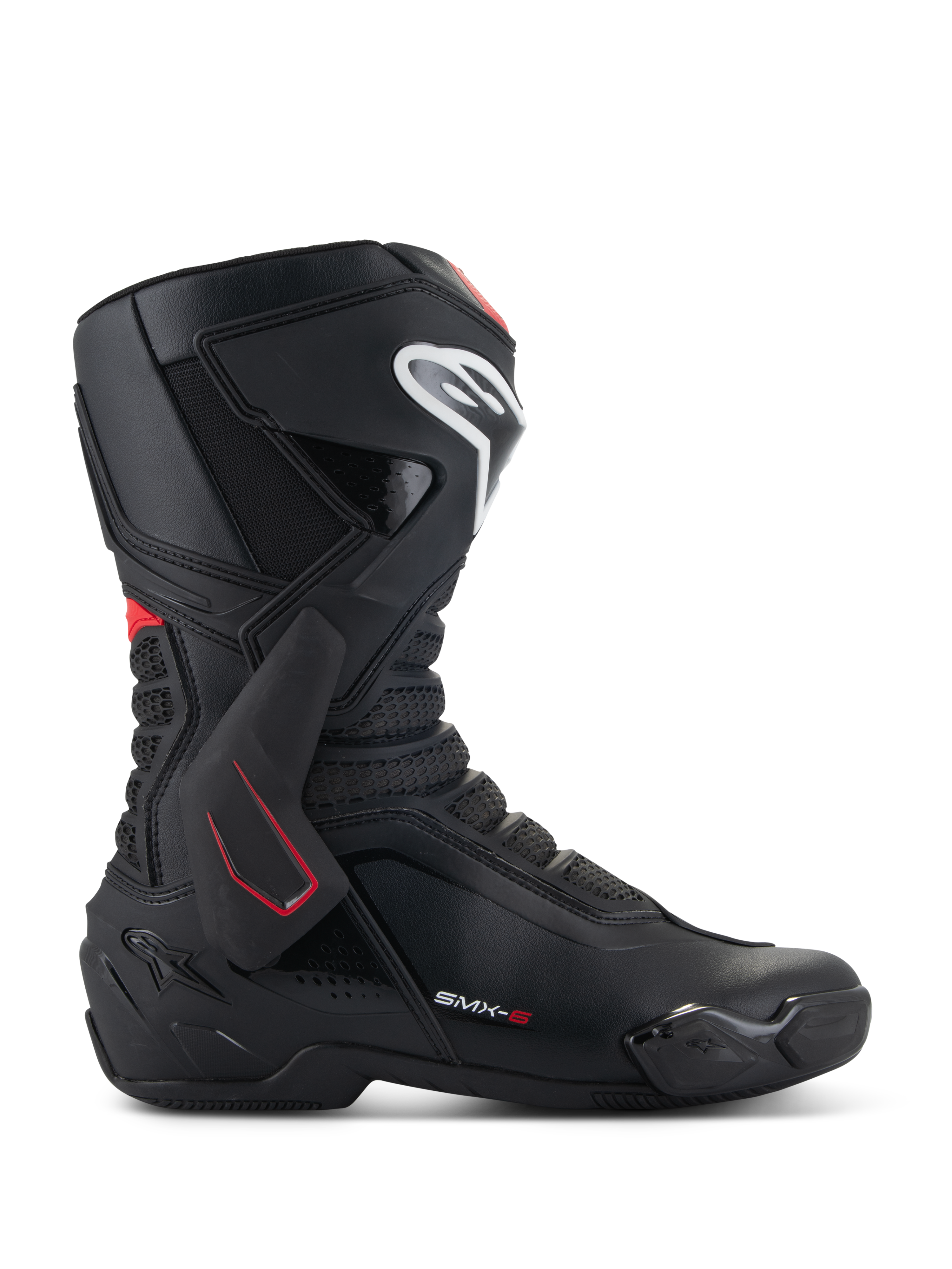 Alpinestars SMX-6 V3-støvler, motorcykelstøvler til racing, sort med hvide og røde detaljer, sidevisning med TPU-ankelstøtte, hvidt skinnebenslogo og teksturerede mesh-flexzoner, sporty aerodynamisk design
