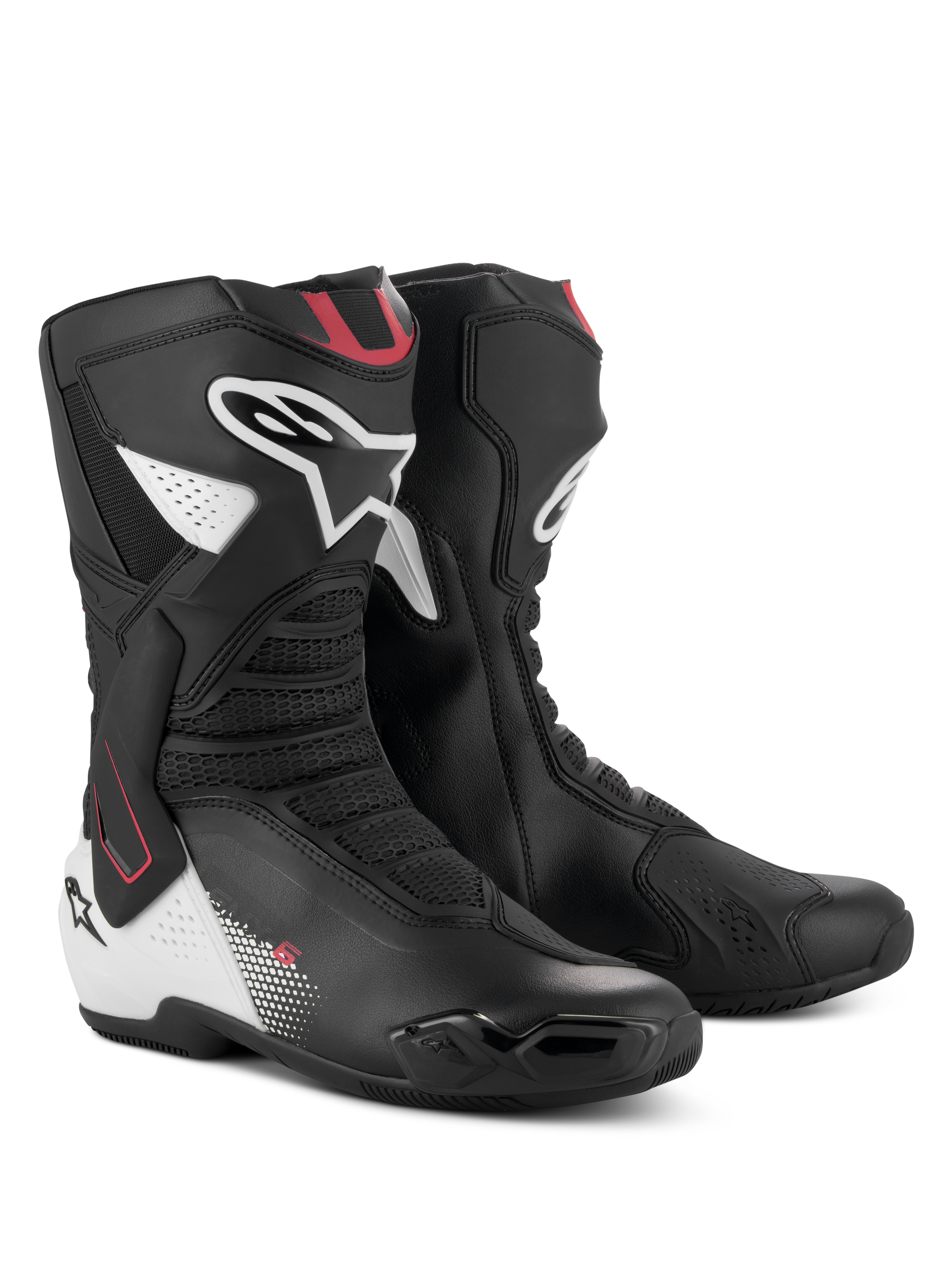 Alpinestars SMX-6 V3 støvler, præstationsorienterede motorcykelstøvler, sort, hvid og rød grafik, med avanceret mikrofiber-overdel, TPU-ankelbeskyttelsessystem, mesh-fleksionszoner og tydeligt Alpinestars-logo på læg og hæl.