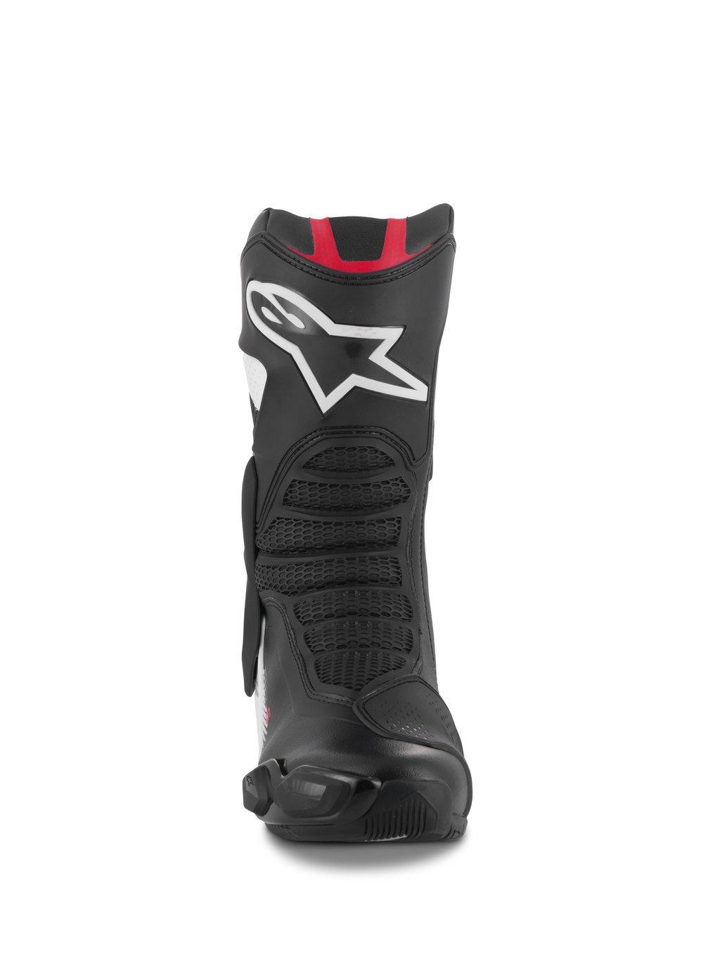 Alpinestars SMX-6 V3 støvler, performance motorcykelstøvler, sort hvid og rød grafik, set forfra med et stort hvidt Astar-logo på skinnebenet, røde detaljer øverst og flex-zoner med mesh-tekstur til bane- og gadekørsel