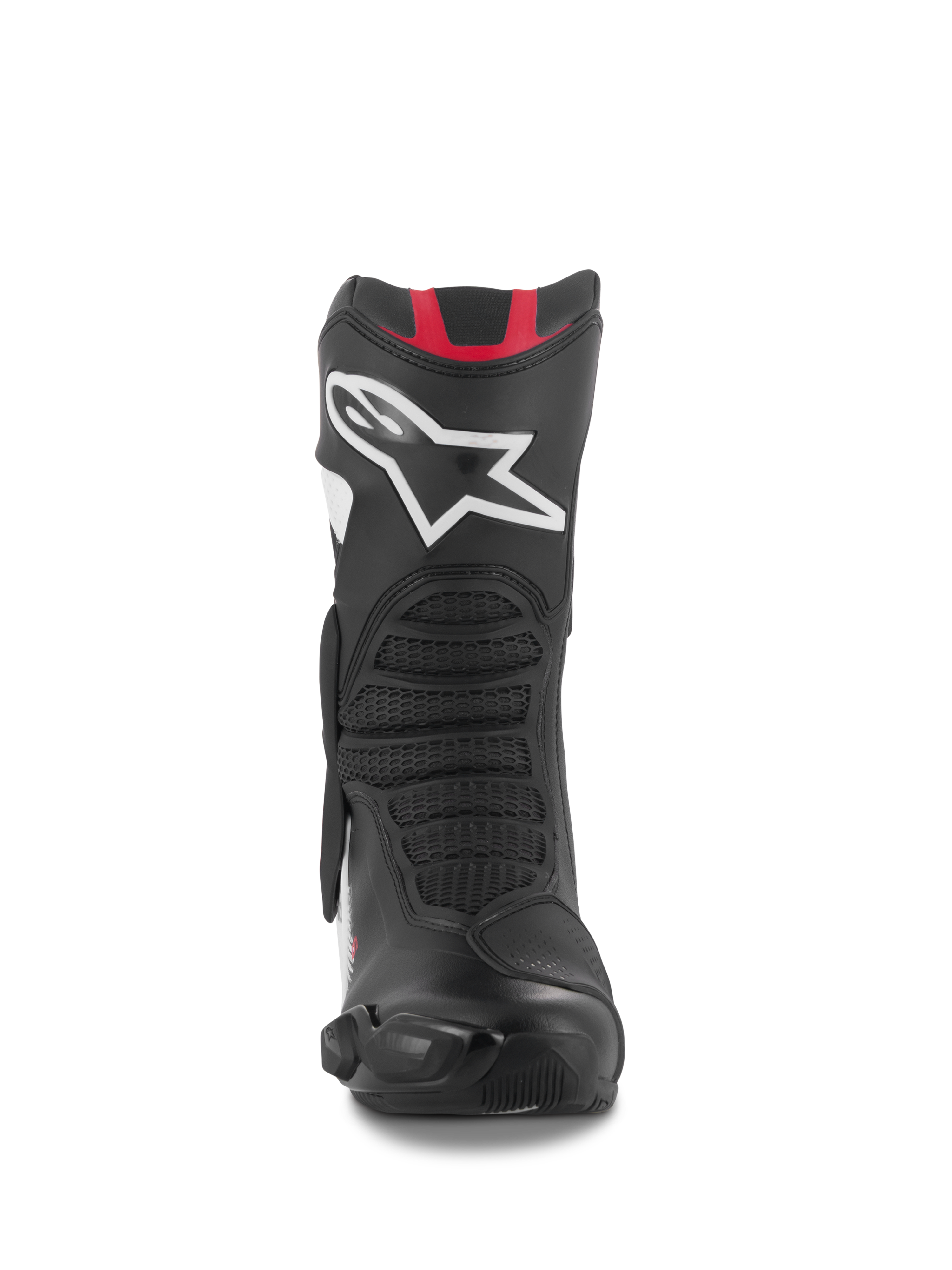 Alpinestars SMX-6 V3 støvler, performance motorcykelstøvler, sort hvid og rød grafik, set forfra med et stort hvidt Astar-logo på skinnebenet, røde detaljer øverst og flex-zoner med mesh-tekstur til bane- og gadekørsel