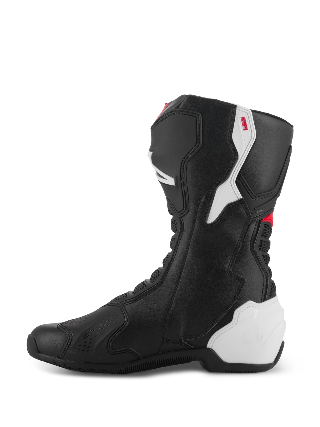 Alpinestars SMX-6 V3 støvler, performance-kørestøvler, Black White Red Graphic, set fra medialsiden, sort mikrofiberkonstruktion med hvide TPU-beskyttelsespaneler på hæl og læg, røde detaljer og fleksible harmonika-zoner for øget mobilitet og beskyttelse.