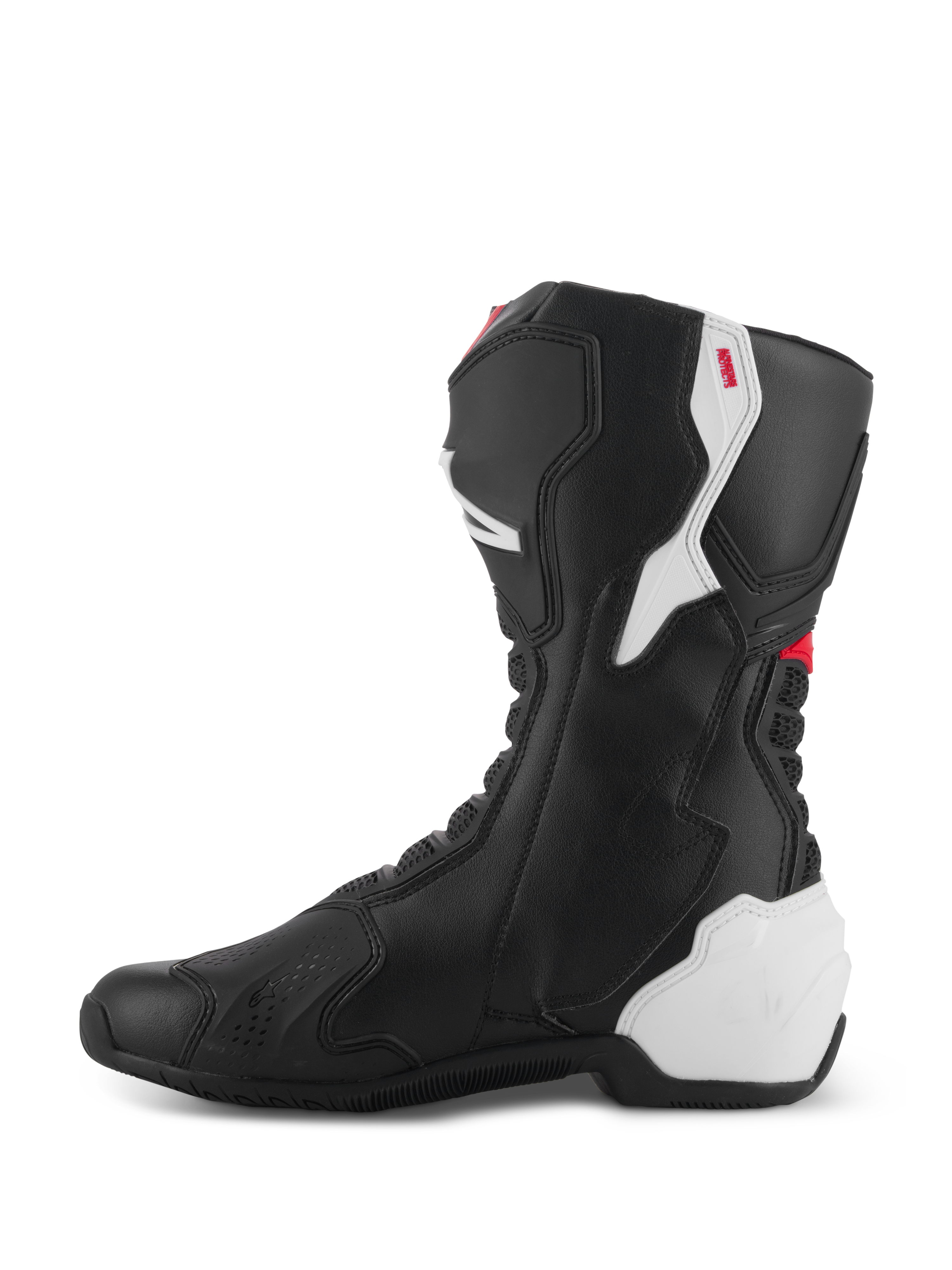 Alpinestars SMX-6 V3 støvler, performance-kørestøvler, Black White Red Graphic, set fra medialsiden, sort mikrofiberkonstruktion med hvide TPU-beskyttelsespaneler på hæl og læg, røde detaljer og fleksible harmonika-zoner for øget mobilitet og beskyttelse.