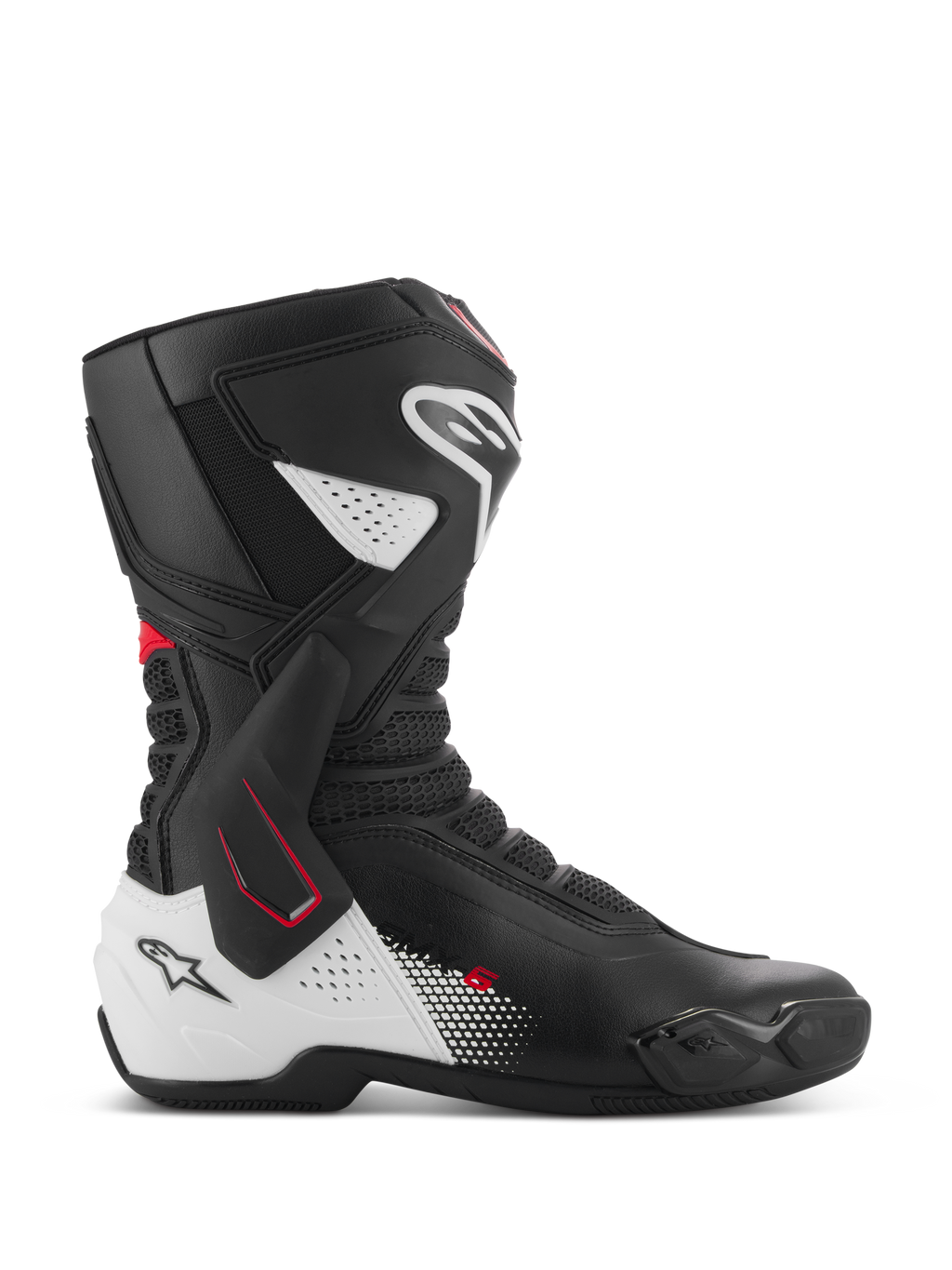 Alpinestars SMX-6 V3 støvler, højtydende motorcykelracingstøvler, sort, hvid og rød, sideprofil med lateral TPU-ankelbøjle, forstærket skinnebens- og hælbeskyttelse, perforerede mesh-flekszoner og udskiftelige tåslidere til bane- og gadekørsel